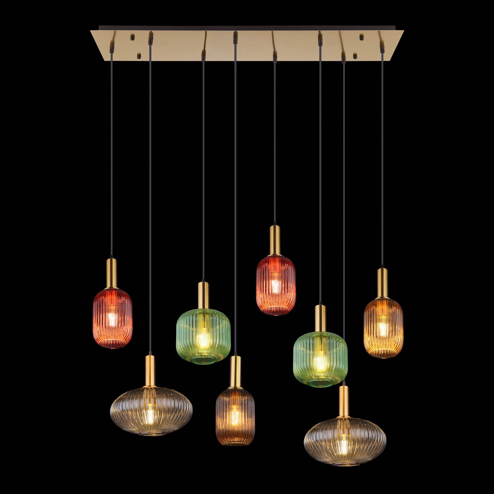 Hanglamp Normy, lengte 125 cm, kleurrijk, glas, 8-lamps.