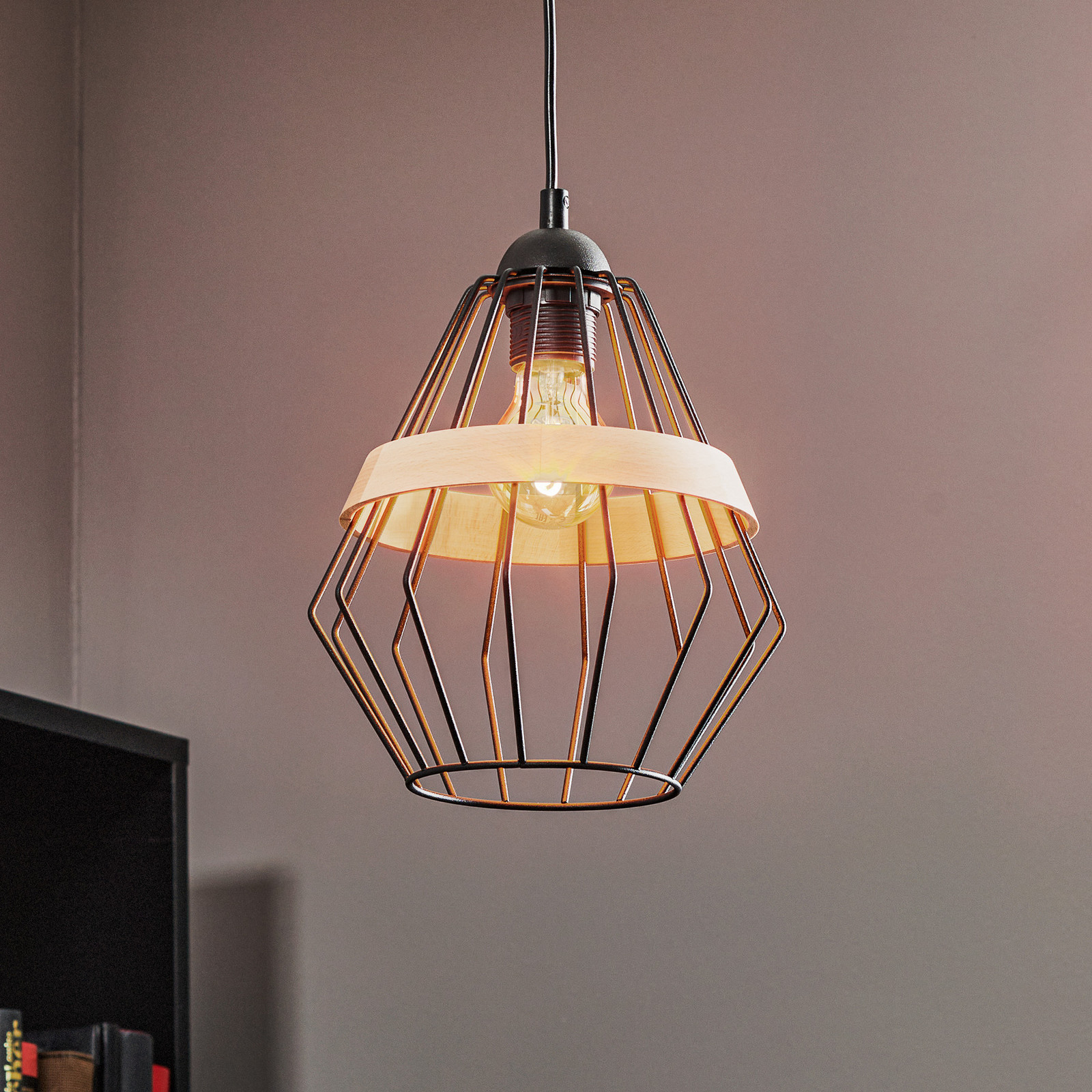 Eko-Light Lampă suspendată Cliff un ecran cușcă cu bandă de lemn - Camera de zi / sufragerie - Modern - negru lemn deschis - Metal