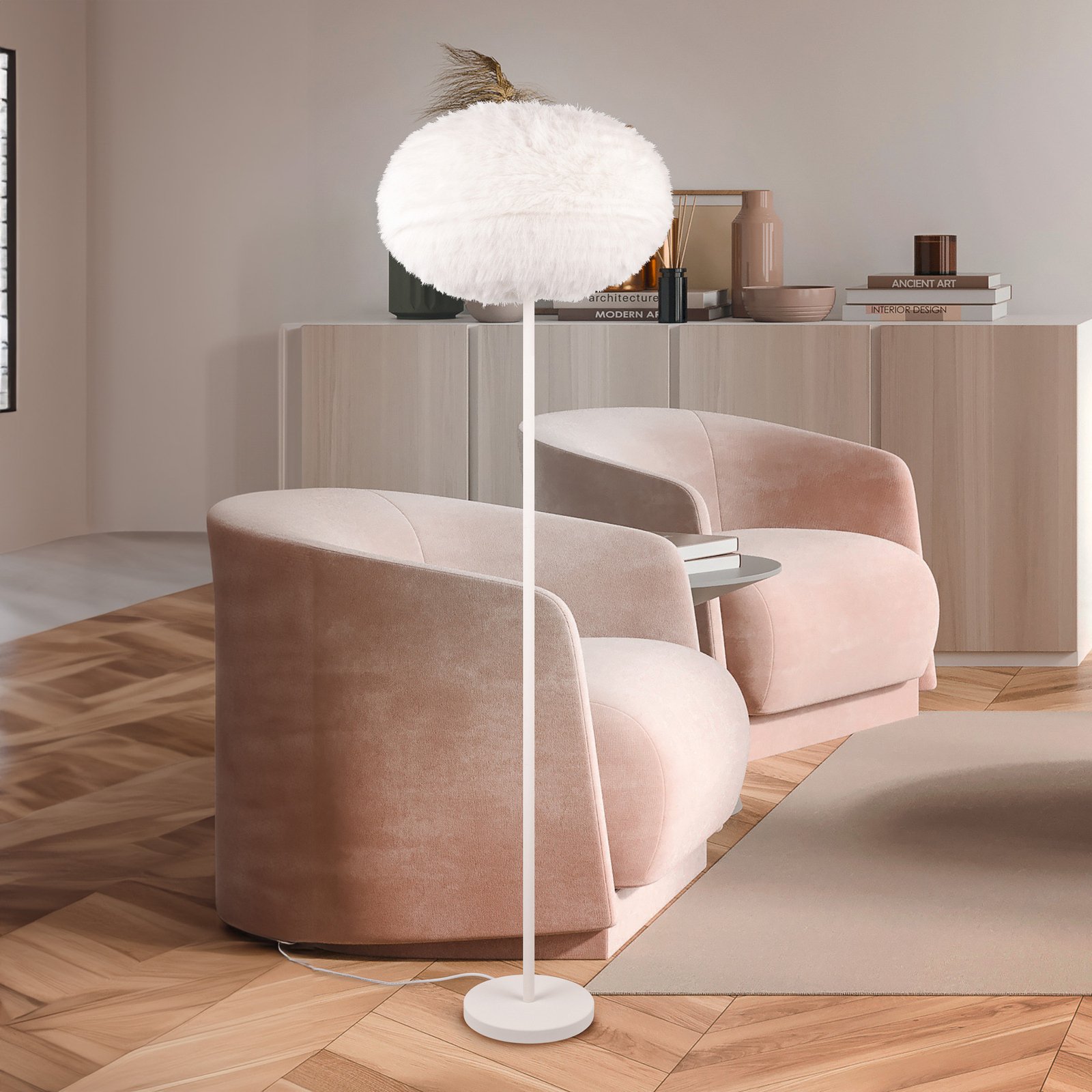 Furry floor lamp, height 154 cm, sand-coloured, synthetic plush