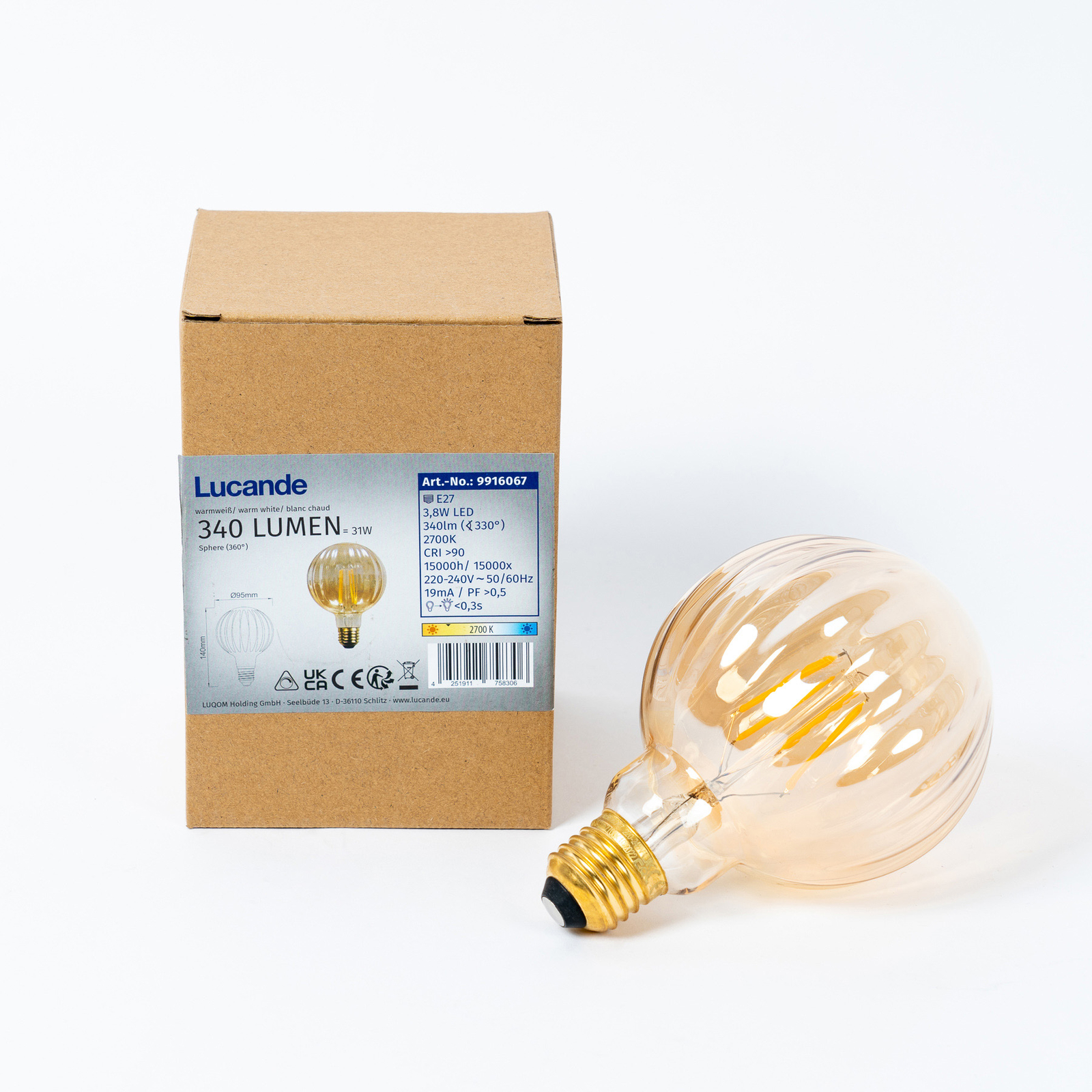 E27 3.8W LED G95 2,700K 340lm fluted amber 2-pack