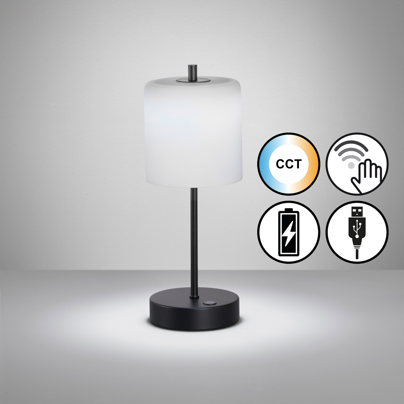 Lampe de table LED rechargeable Riva noir/opale hauteur 34,5cm