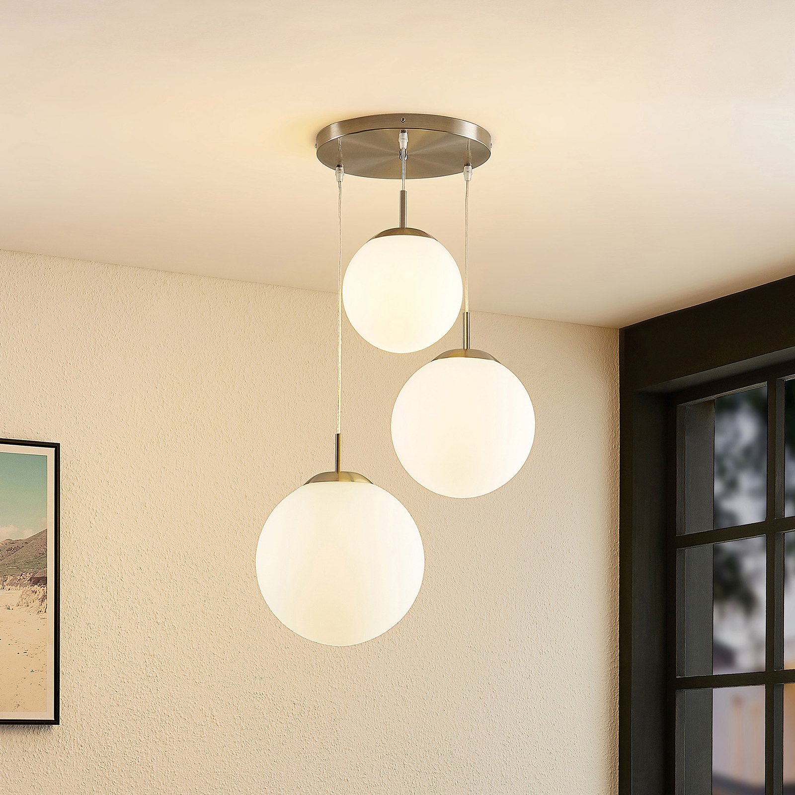 Lindby Heleska pendant light, glass globes 3-bulb