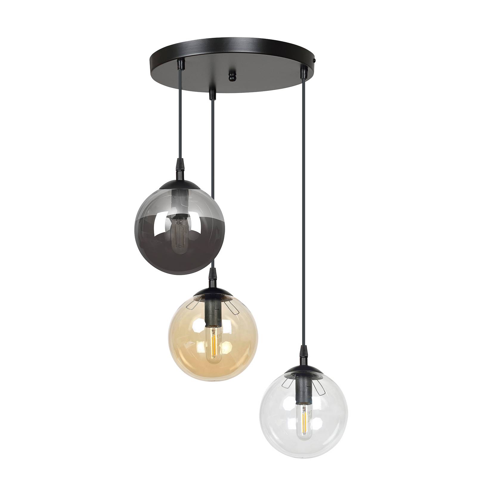 Suspension Glassy 3 lampes ronde graphite/ambre