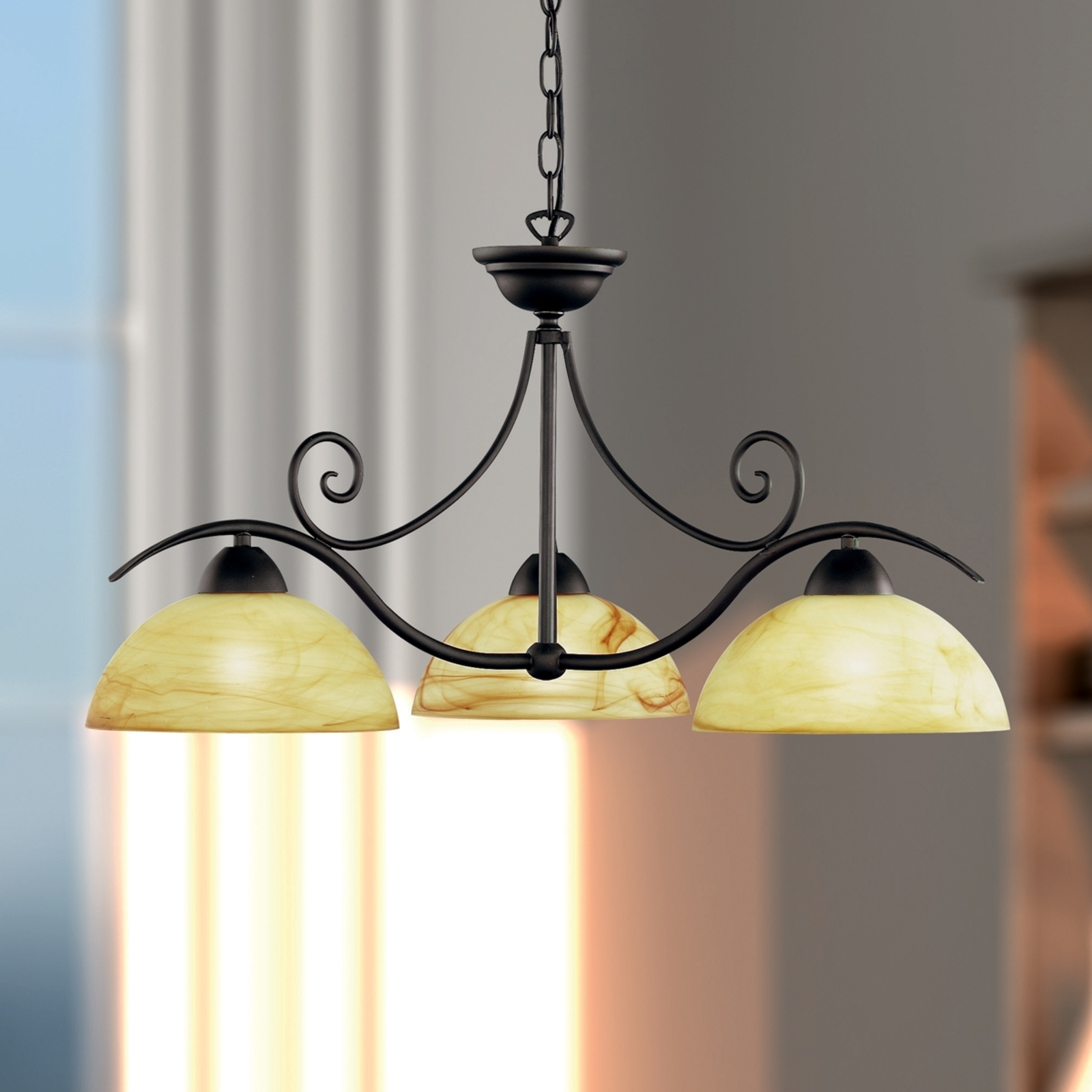 Wofi Stemningsfuld hængelampe Lacchino, 3 lyskilder - pendel lampe - haengelampe - herregårds/rustik lampe stue/spisestue - antikbrun, creme-terrakotta marmoreret - metal, glas