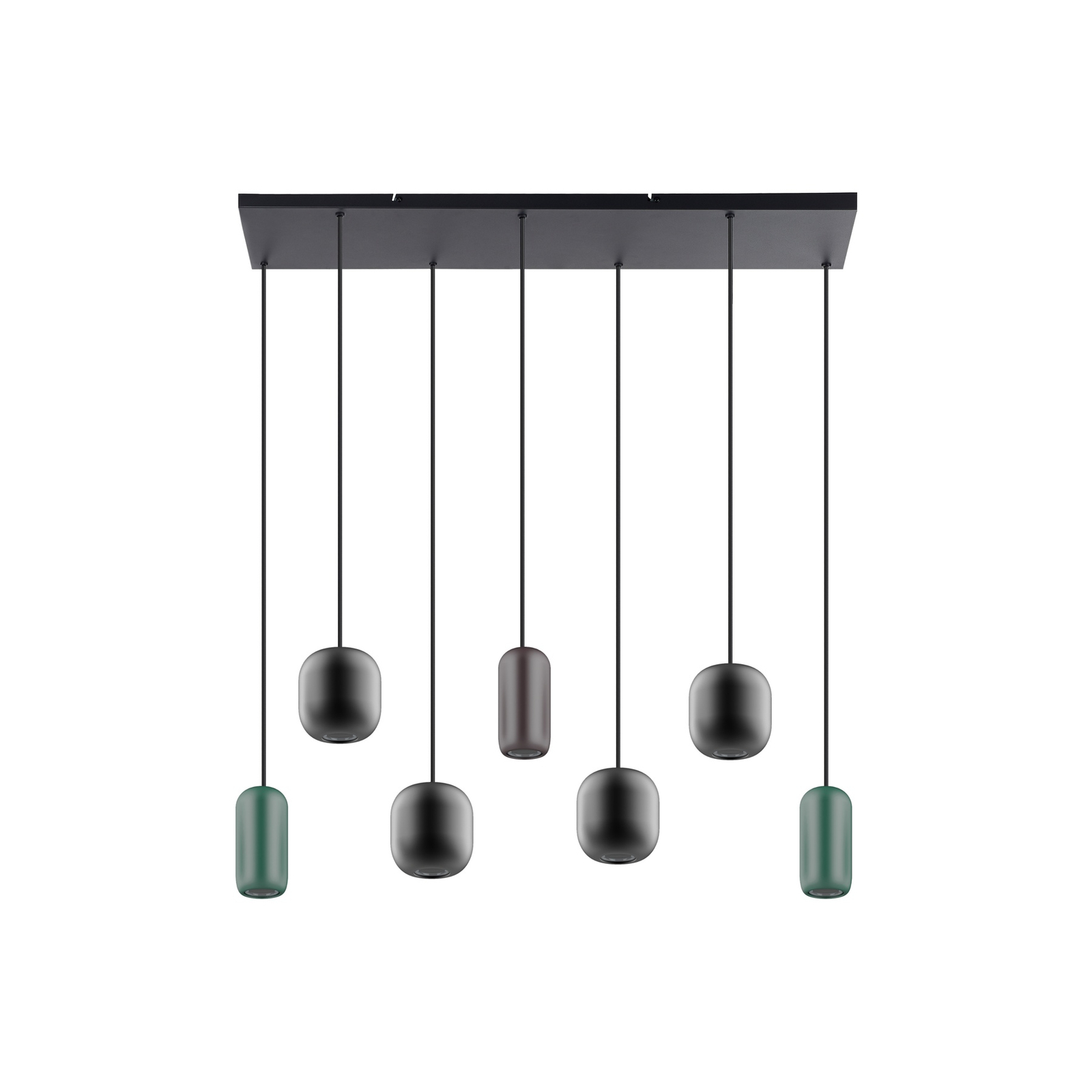 Lucande hanging light Narion, linear, black/brown/green, 7-bulb