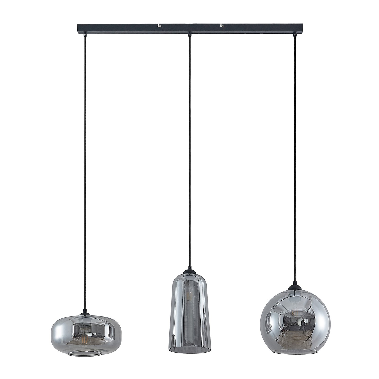Lucande Wilja hanging light, three-bulb smoky grey