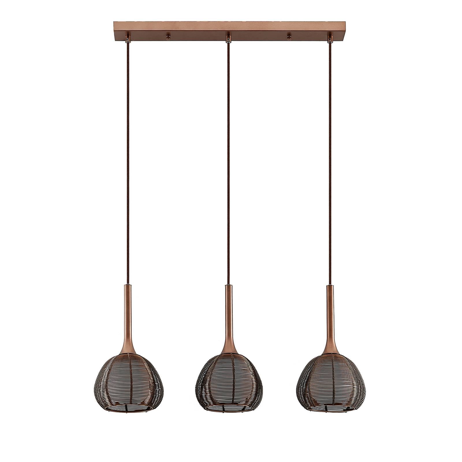 Lucande Tetira hanging lamp, 3-bulb, long, brown, for Living / Dining Room, iron, glass, aluminium, E14, 40 W, L: 66.5 cm, W: 16.5 cm