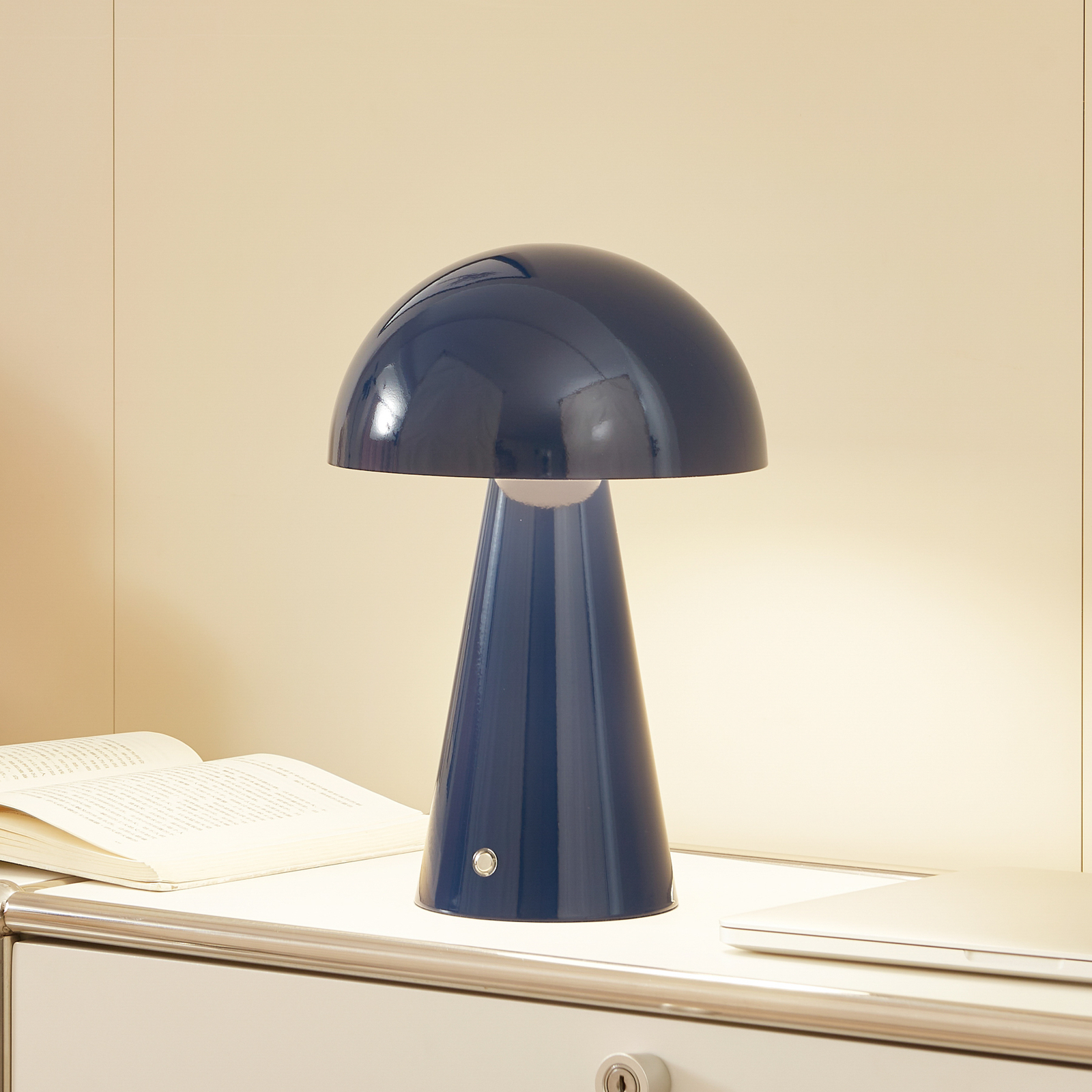 Lindby Lampe de table LED rechargeable Nevijo, bleu, Ø20cm, USB, variateur