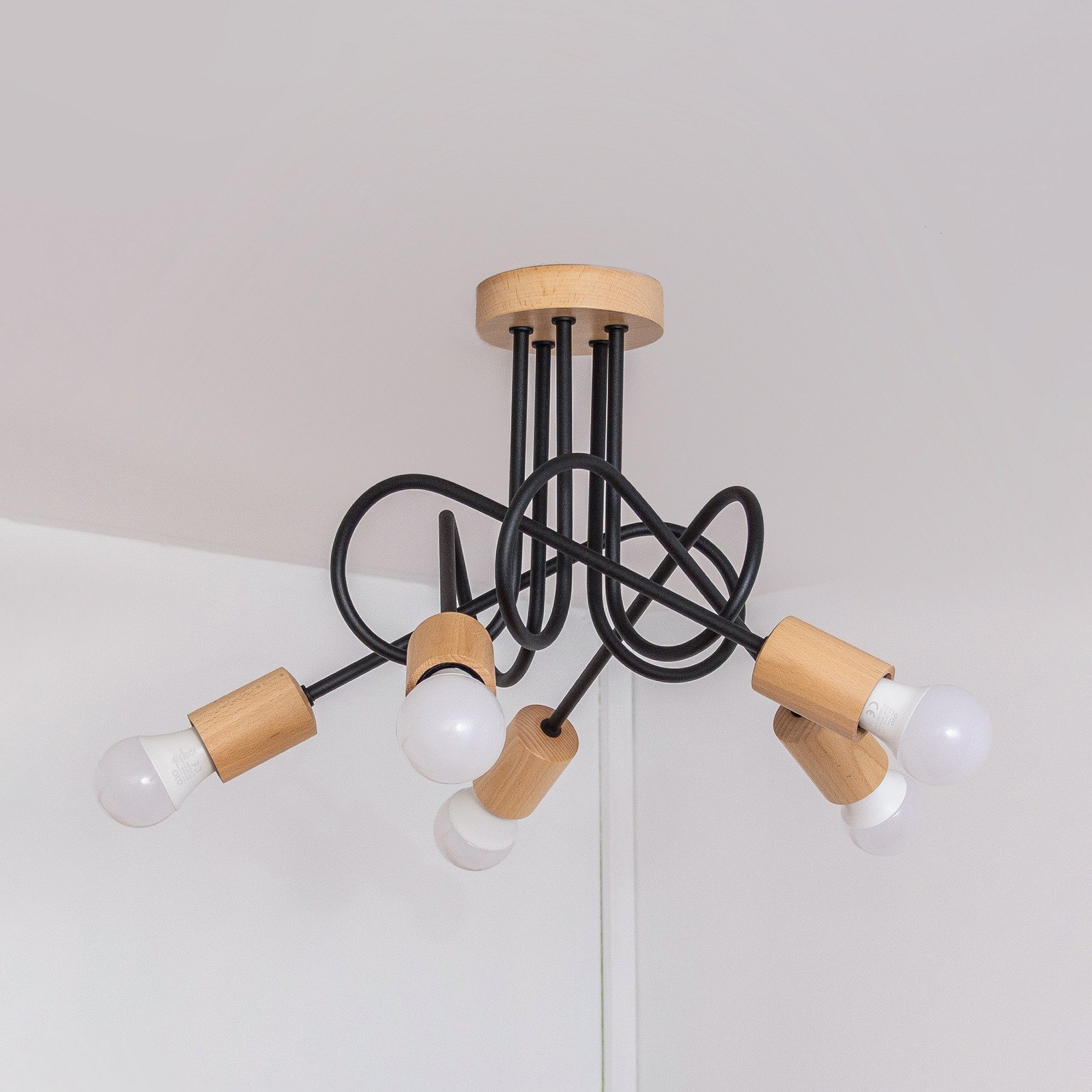 HELAM Plafonieră Oxford negru lemn metal 5 becuri Ø 47 cm - Camera de zi / sufragerie - Modern - negru lemn deschis