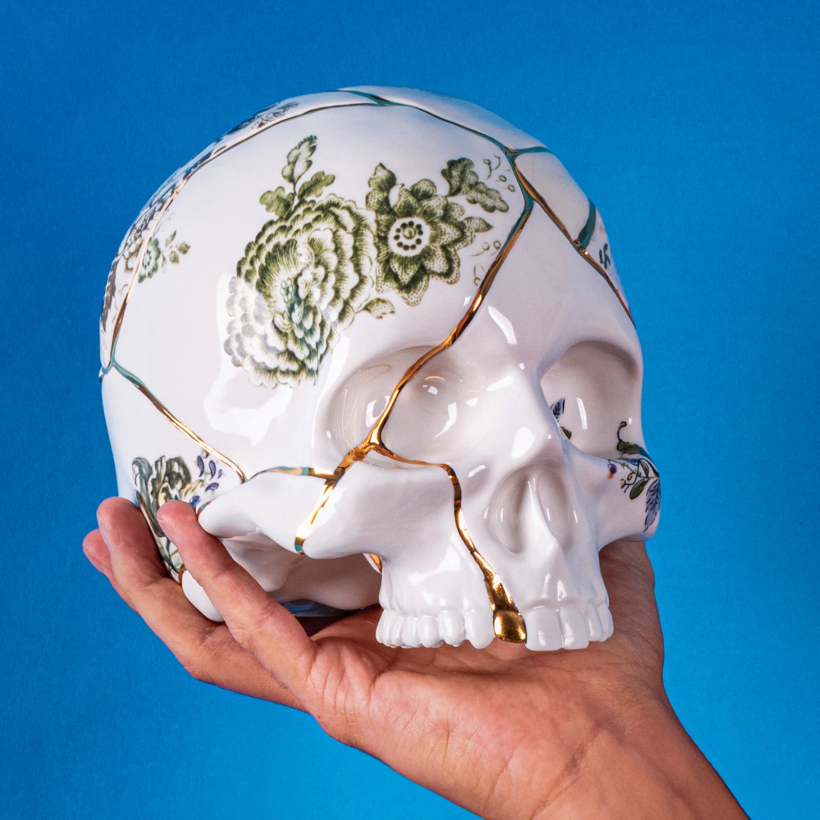 SELETTI scultura Kintsugi Skull, bianco, porcellana, oro