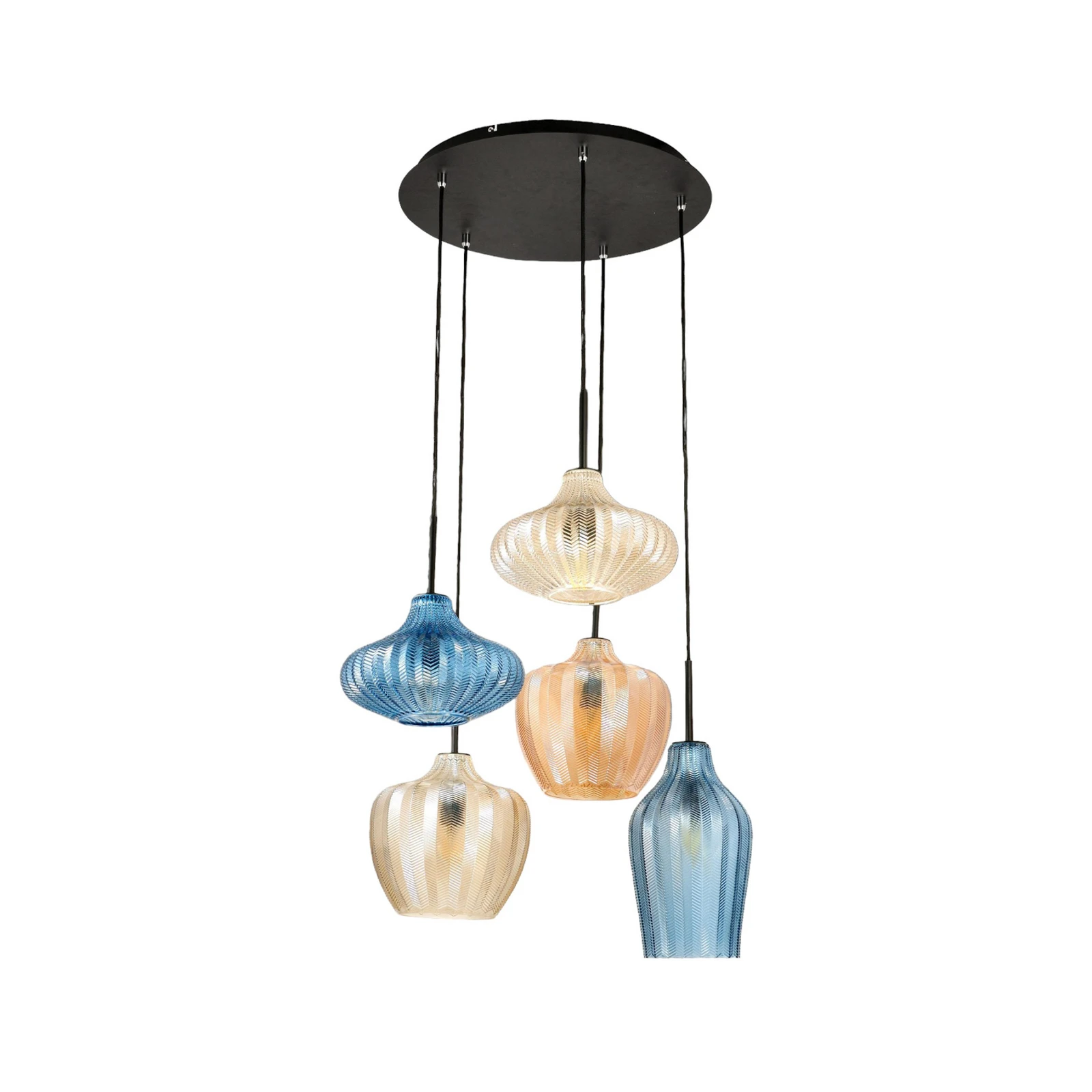 Hängelampe Olbia, Ø 50 cm, 5-flammig, amber/blau/beige, Glas