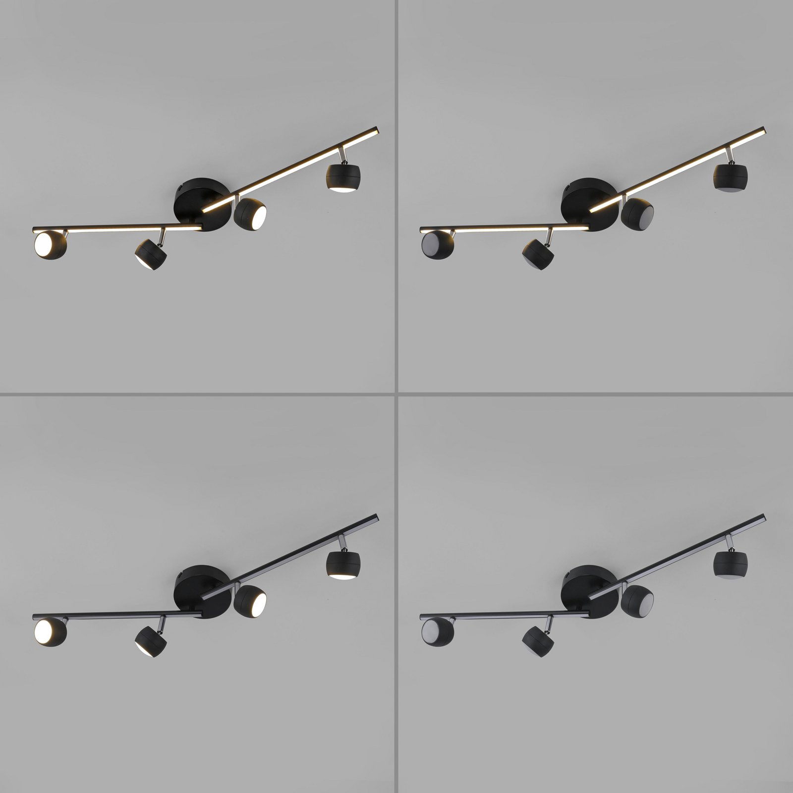 JUST LIGHT. LED-kattospotti Jarik, 4-lamppuinen, musta, 3 000 K