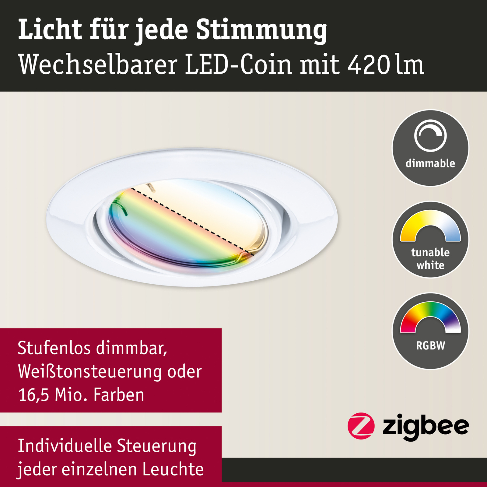 Paulmann Coin Base LED infälld spotlight, vit, set om 3 RGBW ZigBee