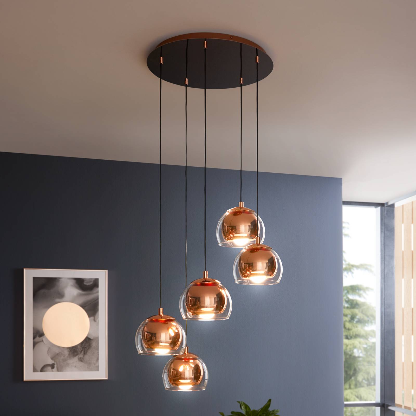 EGLO Suspension Rocamar 1, cuivre, Ø 59 cm, à 5 lampes, métal/verre