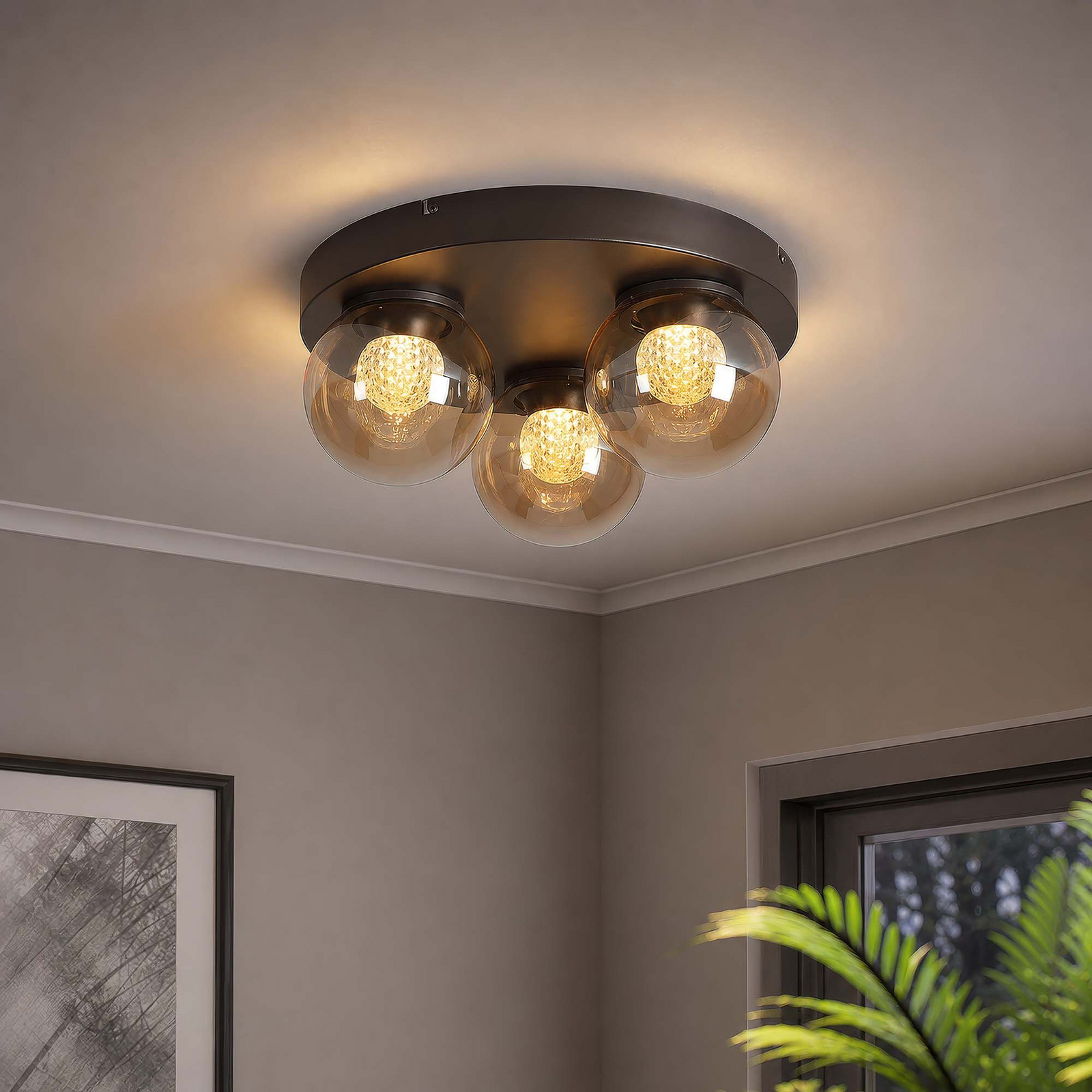 Plafón LED Solis, 3 luces, redonda, color bronce, cristal, 2.700 K