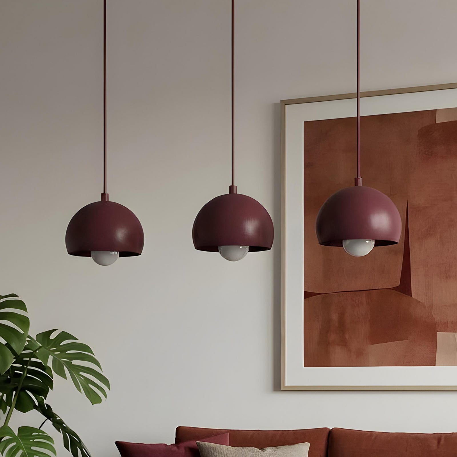 Sool hanging light, dark red, length 65 cm, 3-bulb, metal, E27