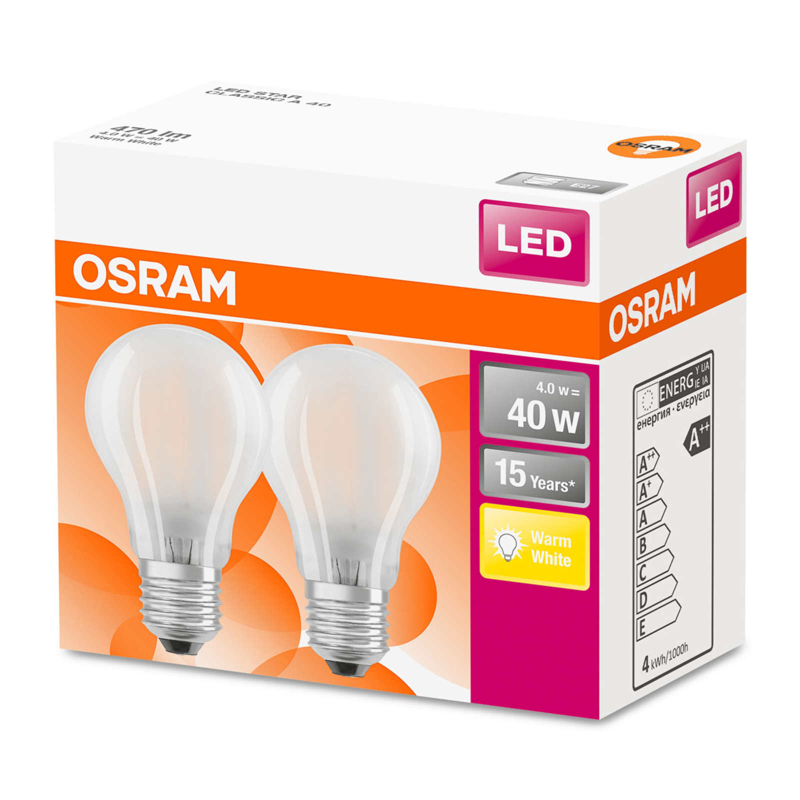 OSRAM żarówka LED E27 4W ciepła biel zestaw 2 szt.