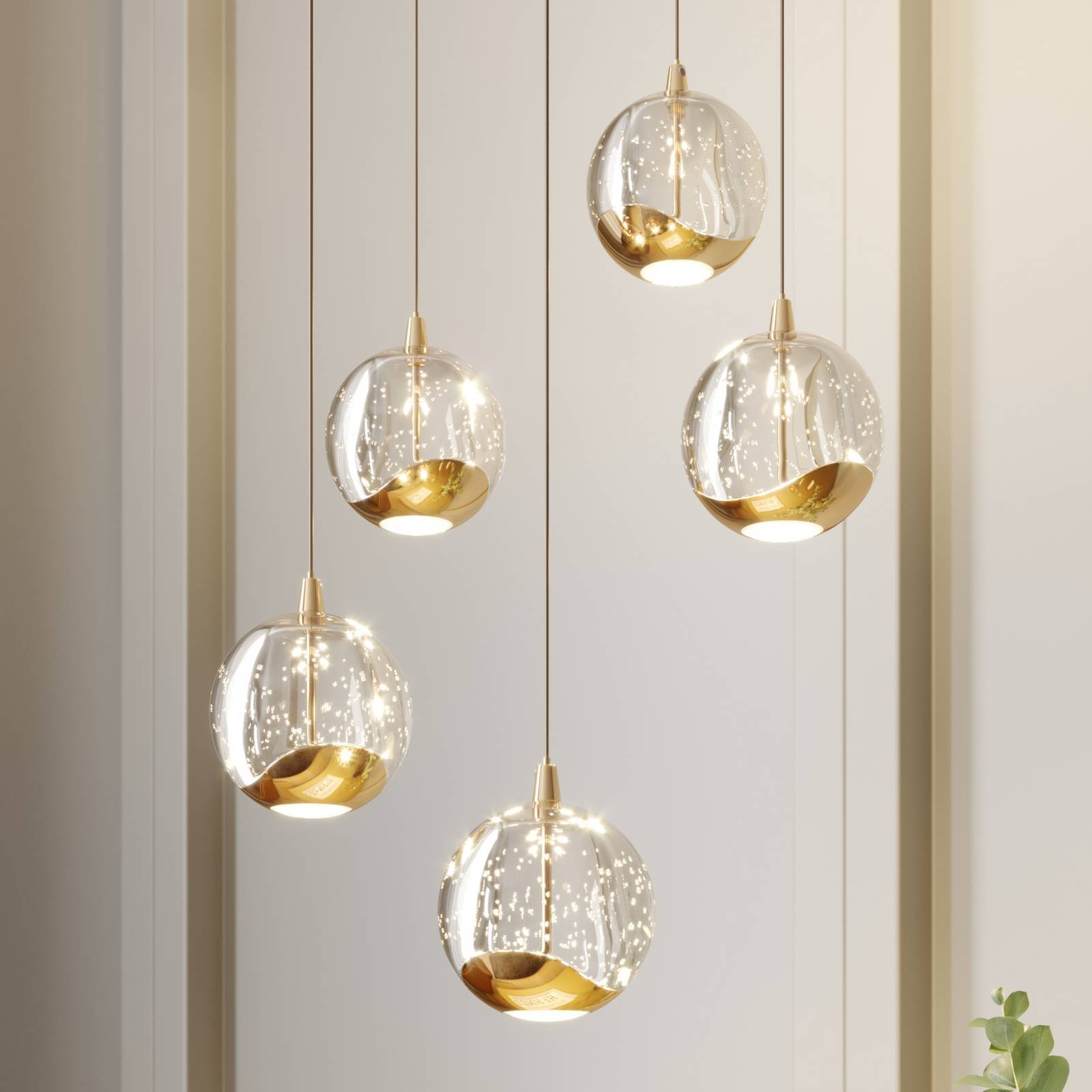 Hayley LED pendant lamp, 5bulb, round, gold Lights.co.uk
