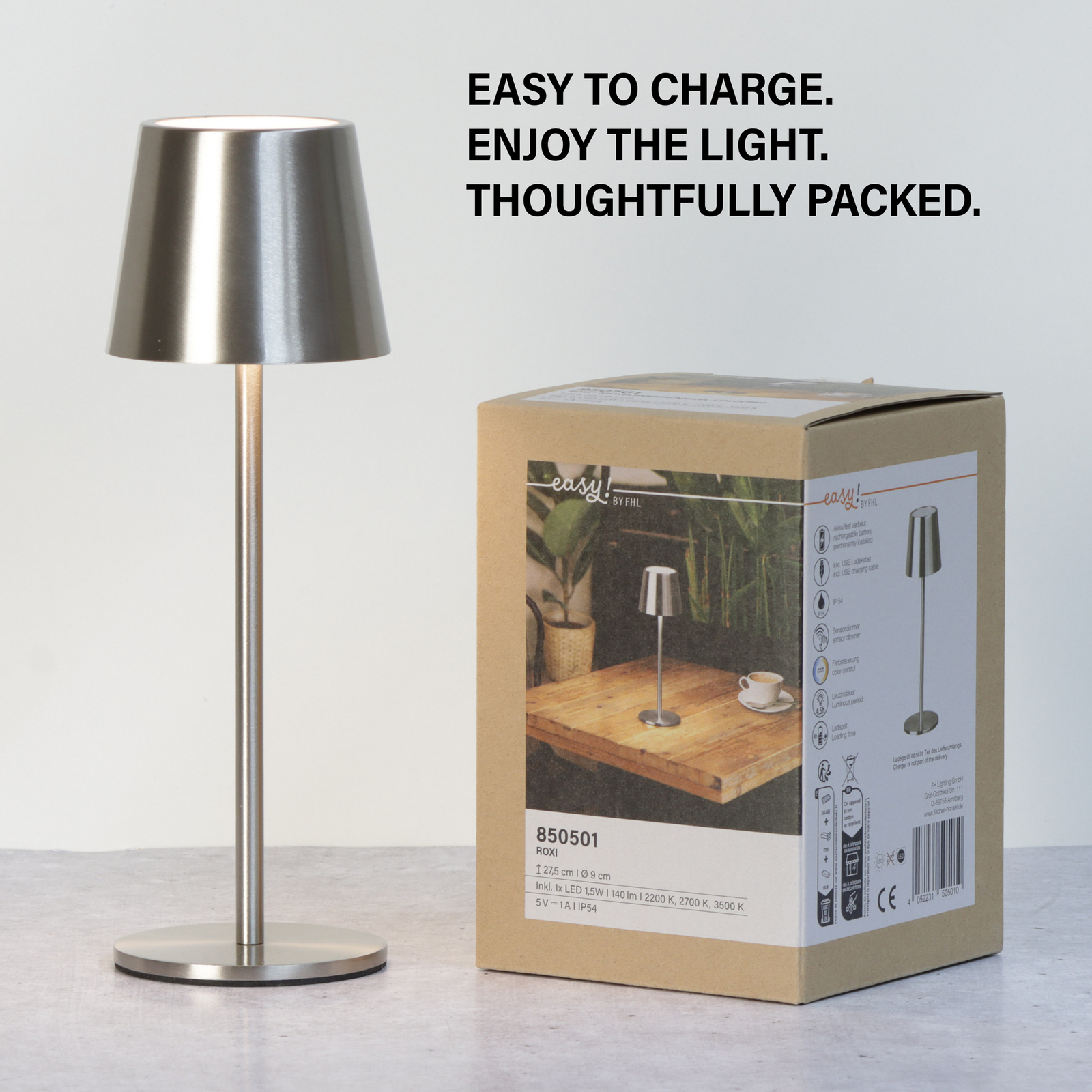 LED-Akku-Tischlampe Roxi, nickelfarben, Metall, IP54, Dimmer