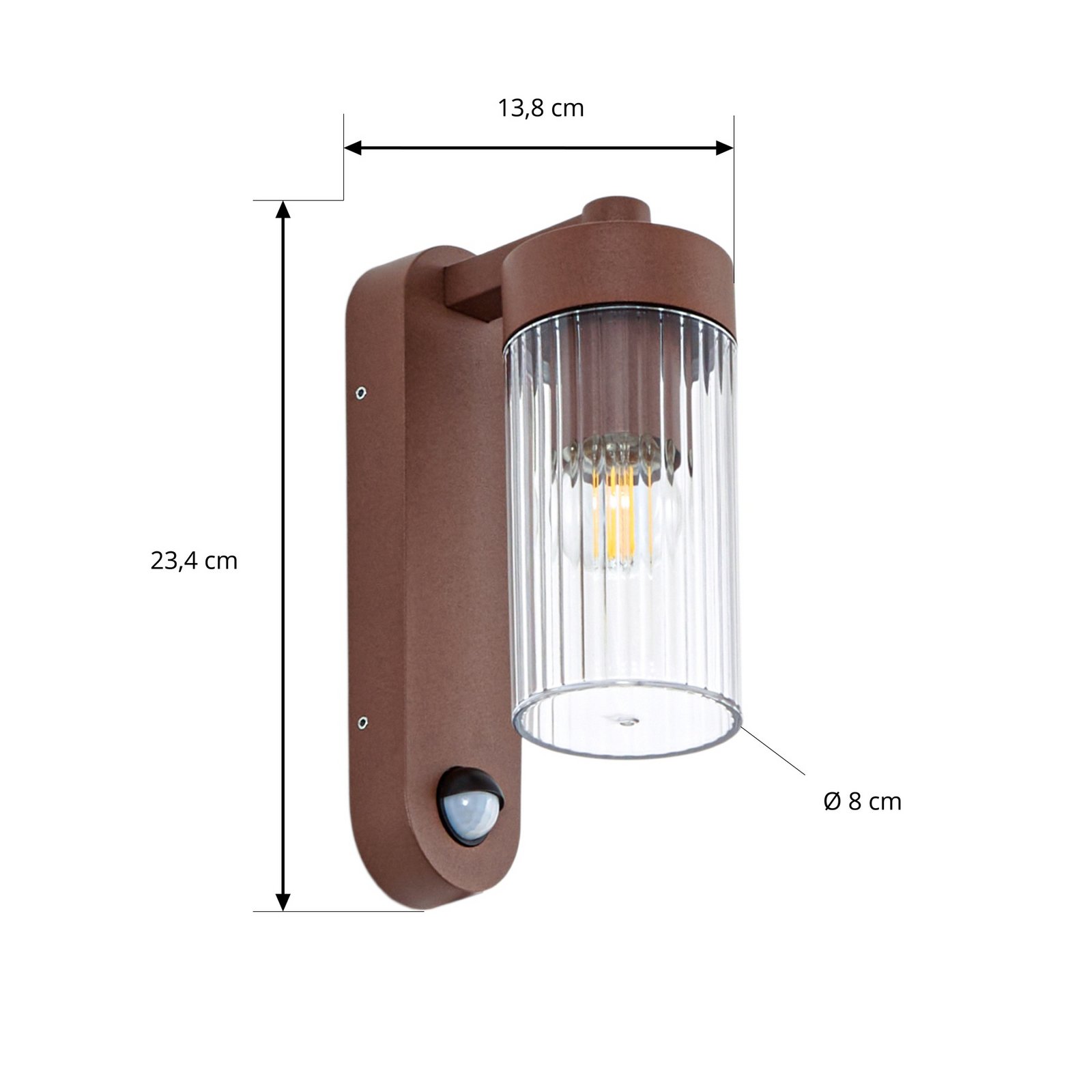 Lindby utendørs vegglampe Kaliro, rust, 24 cm, IP54, sensor