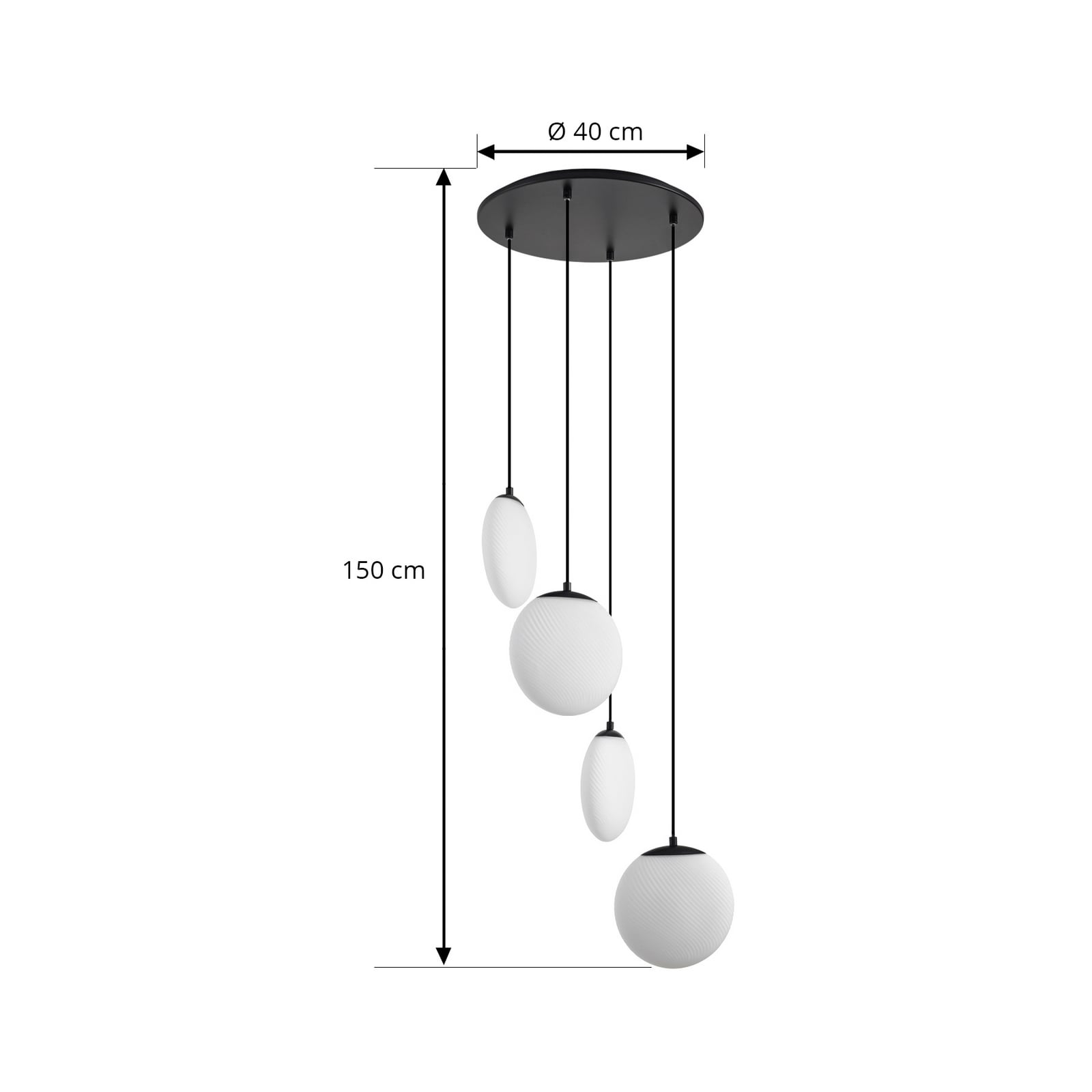 Candeeiro suspenso Lucande Lunelle, preto, vidro, 4 lâmpadas, Ø 40 cm