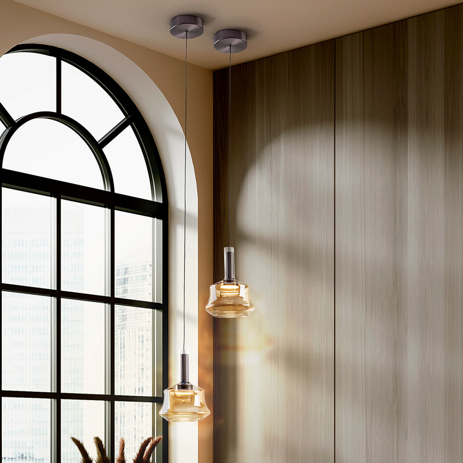 LED závesné svietidlo Scarlett, jantárová, Ø 18 cm, sklo