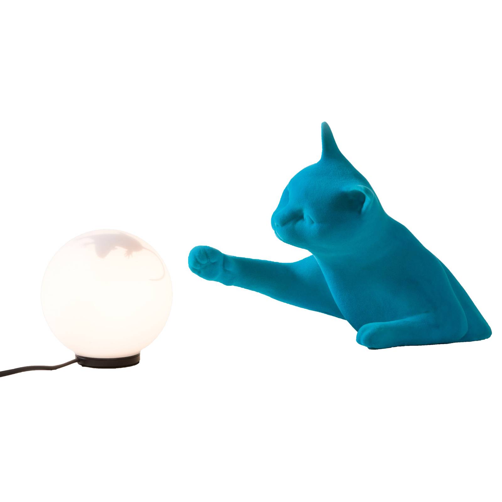 Karman Tischleuchte Maoo, Keramik hellblau, Glas Katzenfigur