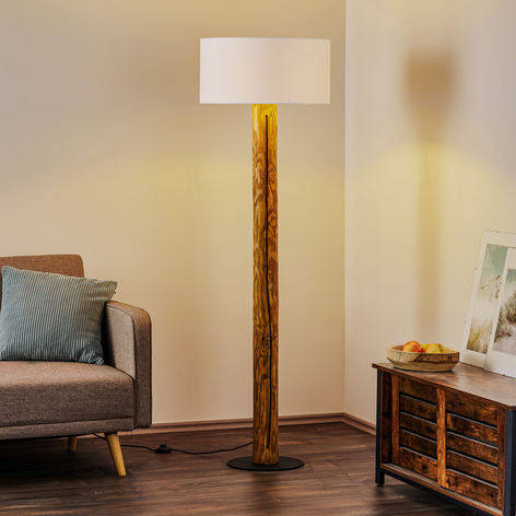 Golvlampa Pino Simple, vit skärm, brun fot