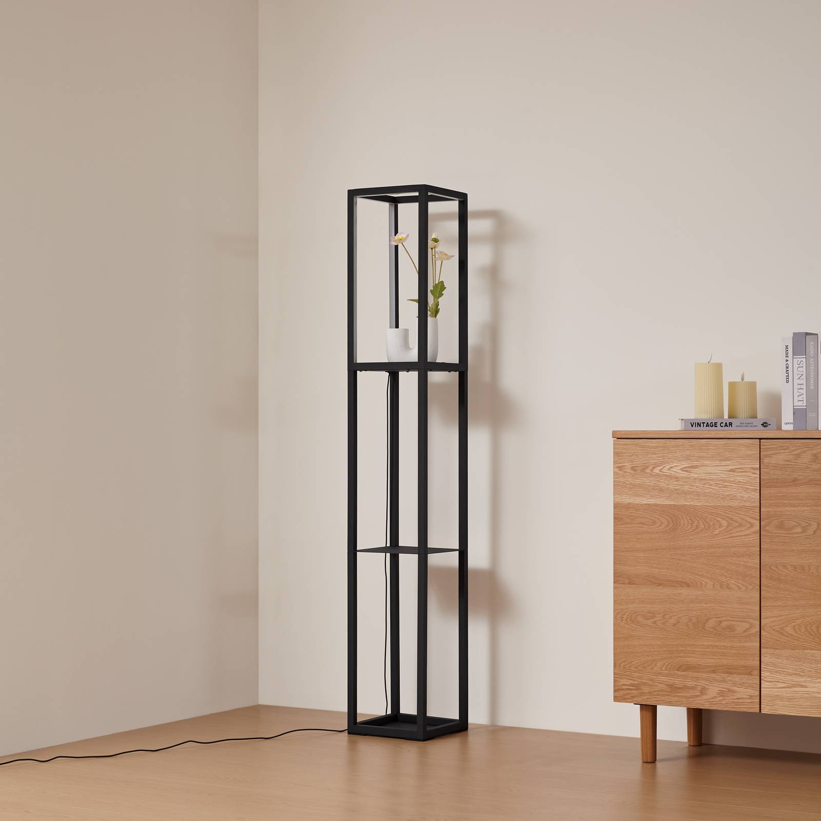 Lindby Lampa stojąca LED Birta, stojąca, półka, wysokość 155 cm
