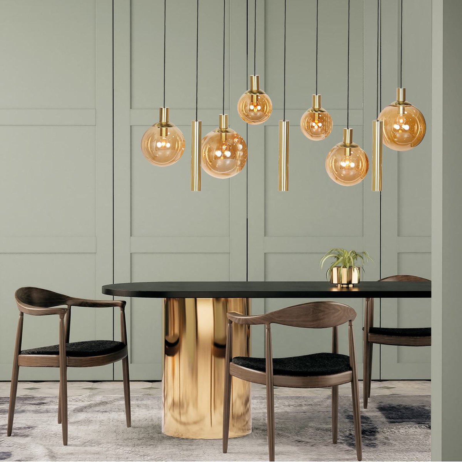 Bollique pendant light, brass, 9-bulb long, glass, metal