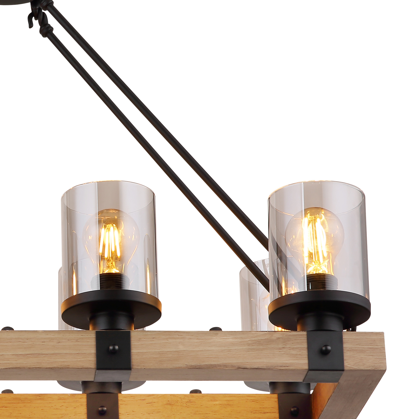 Candeeiro suspenso roxo com estrutura de madeira, oito luzes