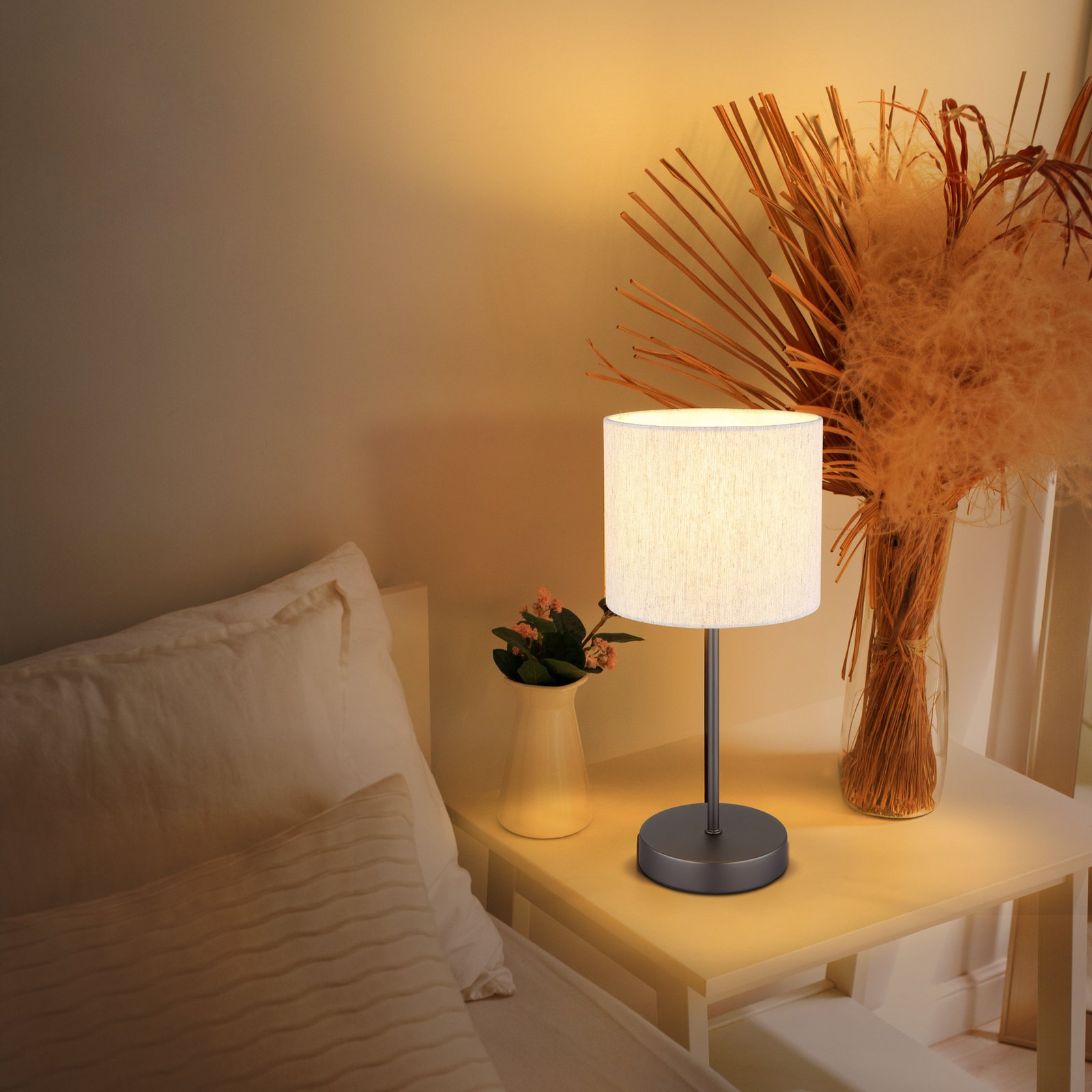 Candeeiro de mesa Thea, creme/preto mate, linho, altura 37 cm