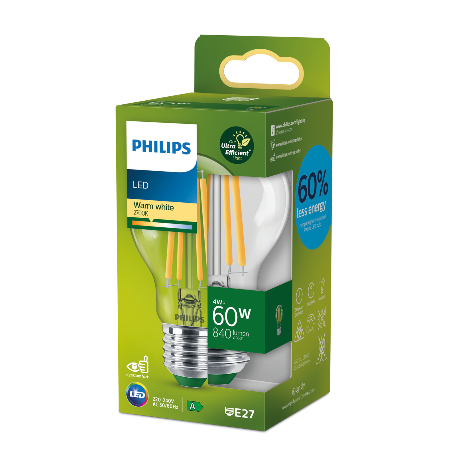 Philips E27 LED-Lampe A60 4W 840lm 2.700K klar