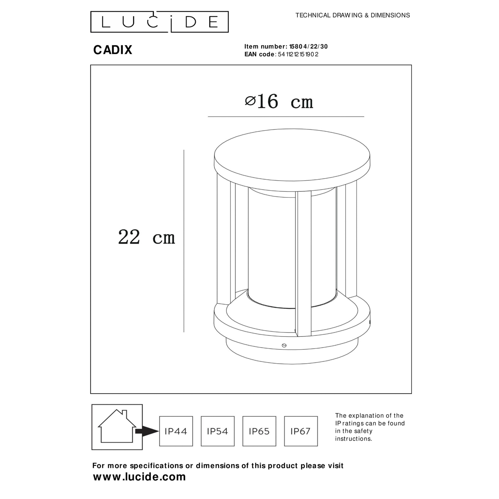 Cadix die-cast aluminium pillar light 22cm