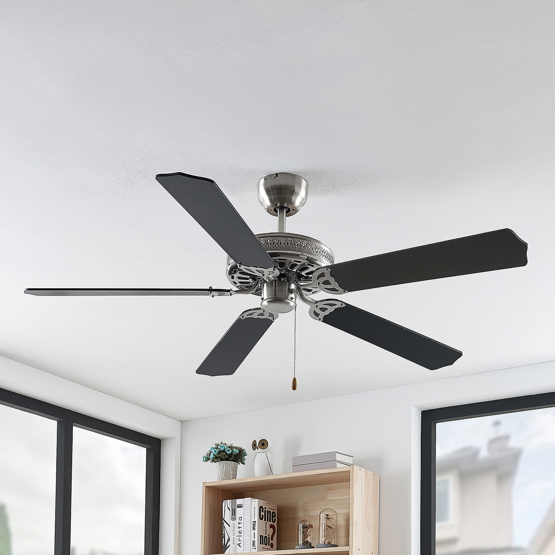 Lindby Rohne ceiling fan, matt nickel, for Living / Dining Room, metal, MDF, H: 32 cm