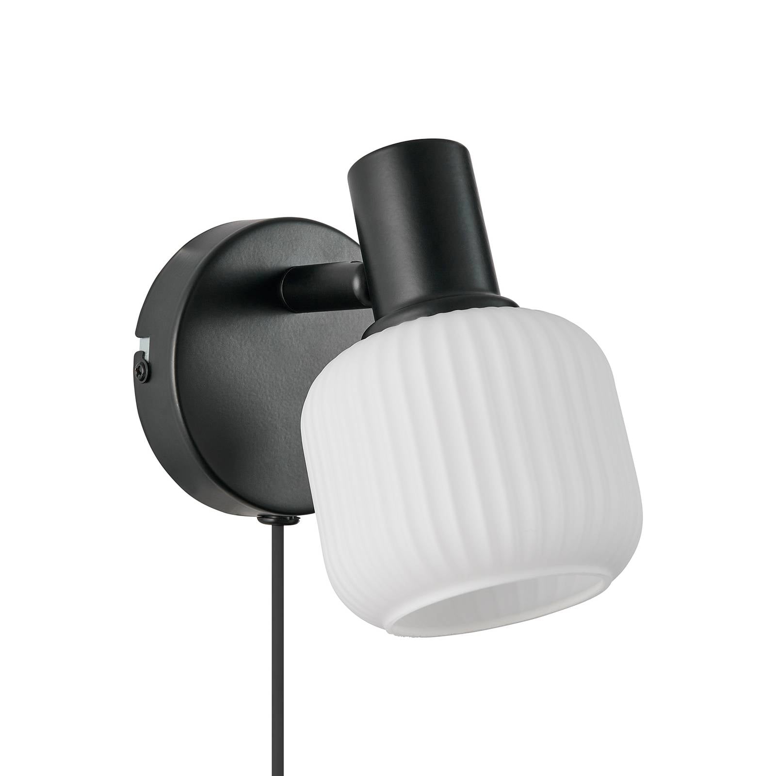 Wandleuchte Milford Mini, schwarz, Glas gerippt, mit Stecker
