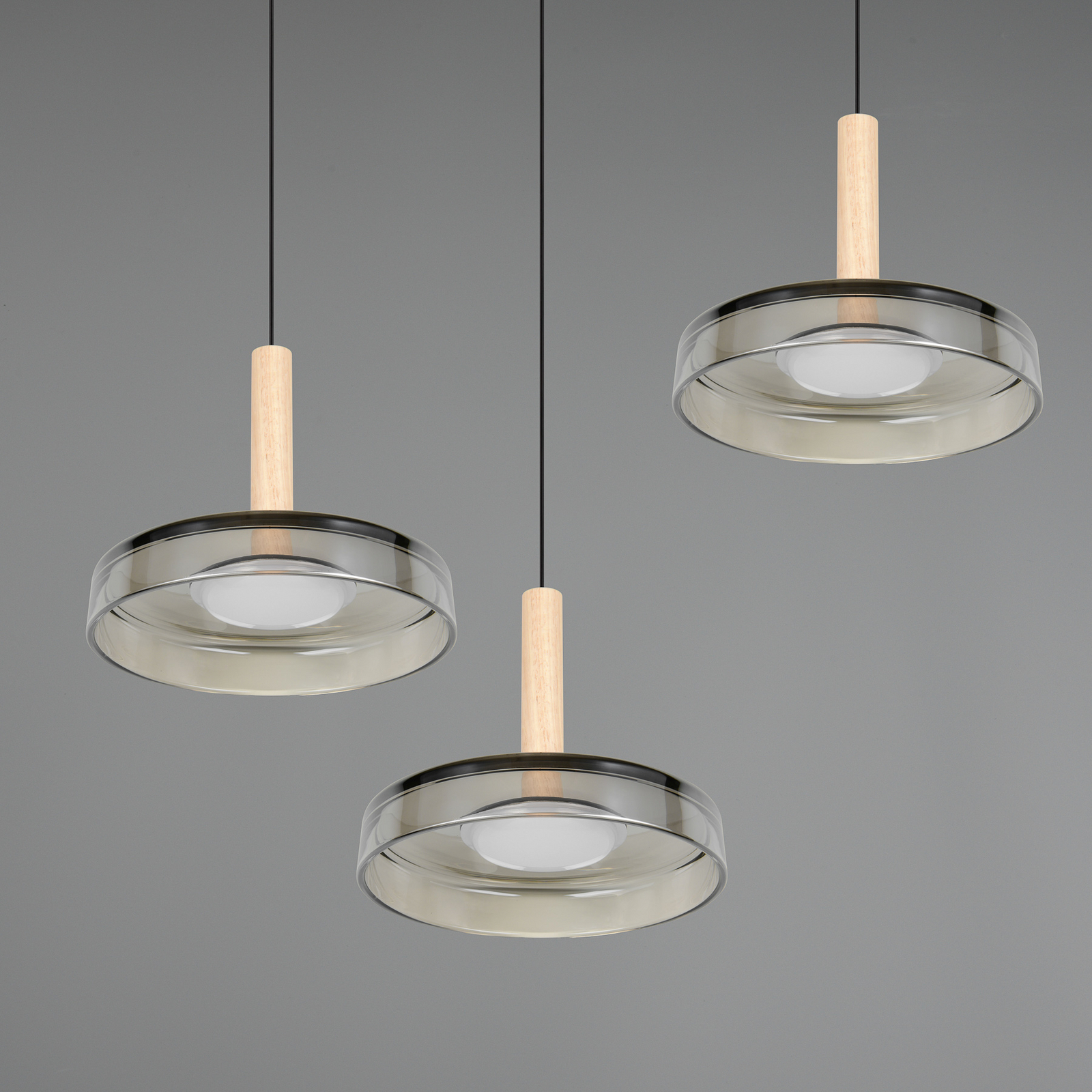 LED hanging light Celeste, chrome/wood, Ø 35 cm 3-light glass dimmable