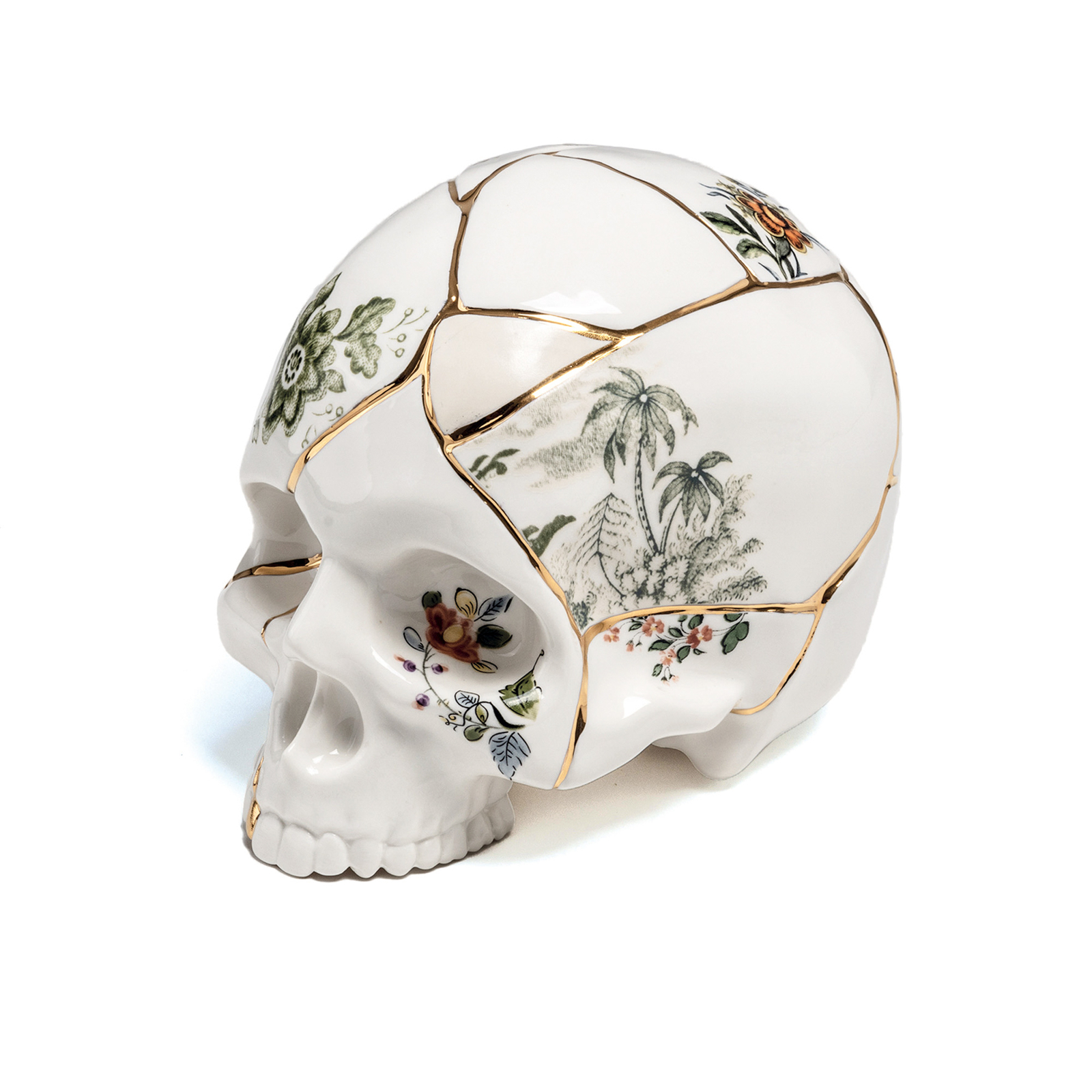 SELETTI Socha Kintsugi Skull, bílá, porcelán, zlato