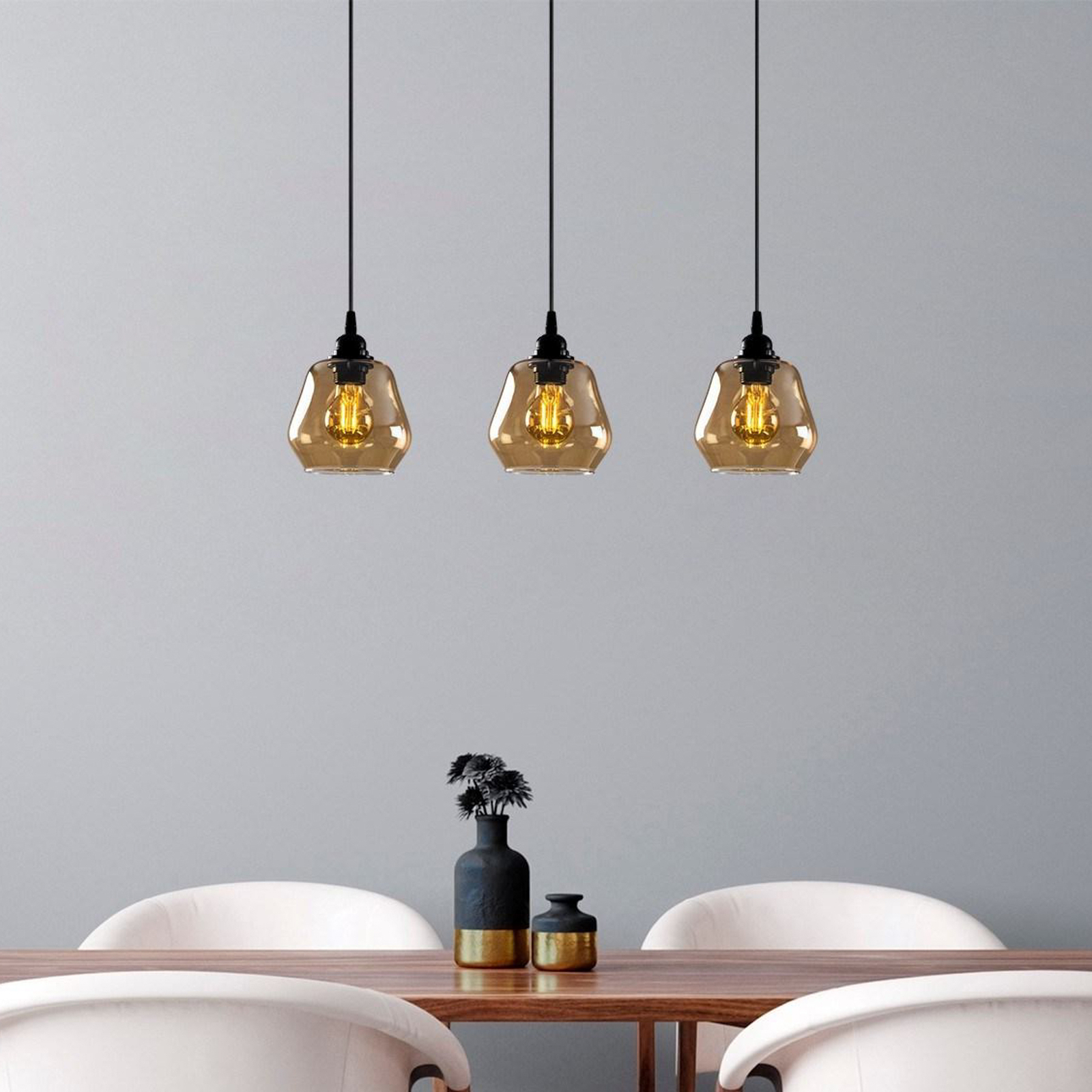 Pendant light Gold 032, gold-transparent, glass 3-bulb long