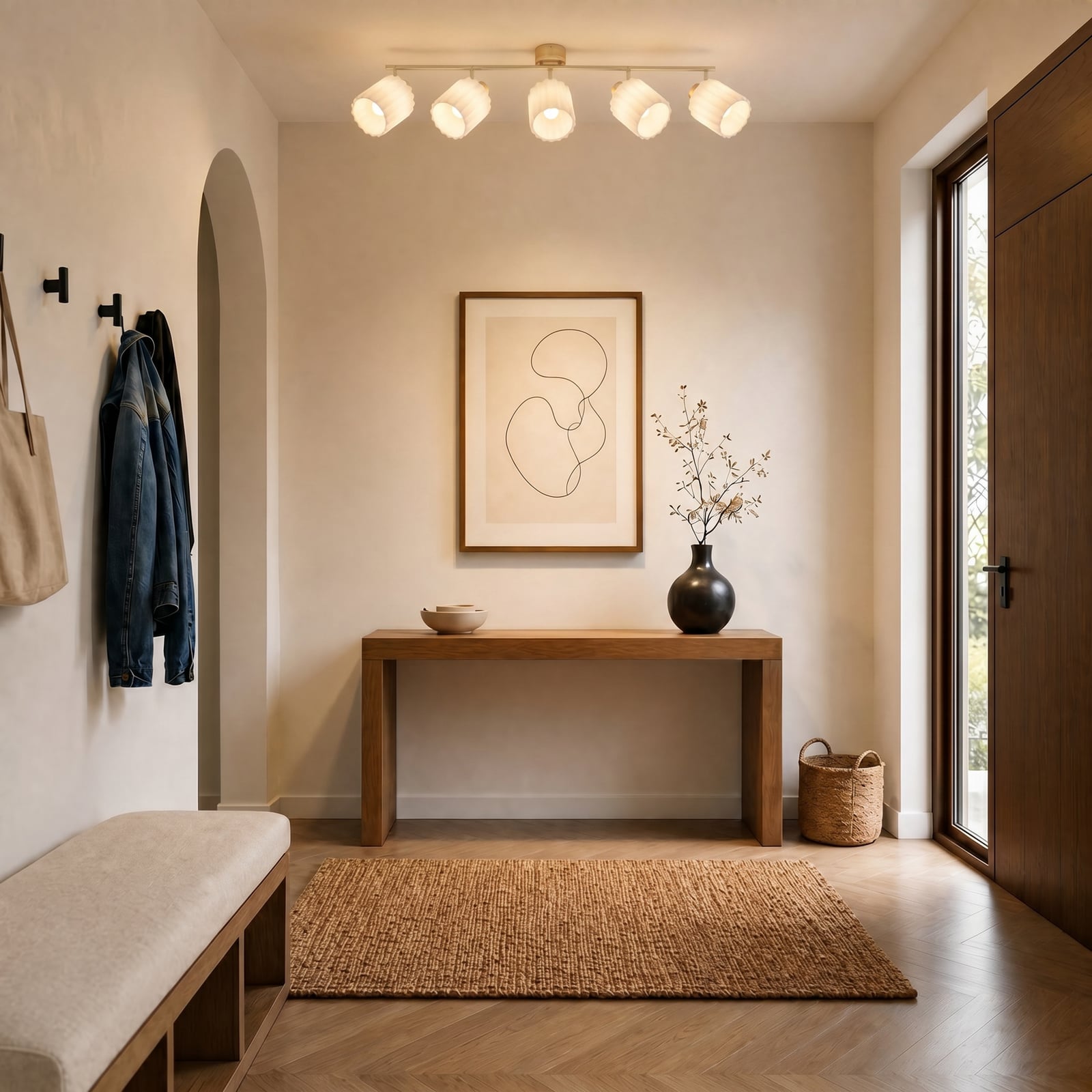 Faretto da soffitto Shiloh, naturale/beige, a 5 luci, legno di gomma - Lindby