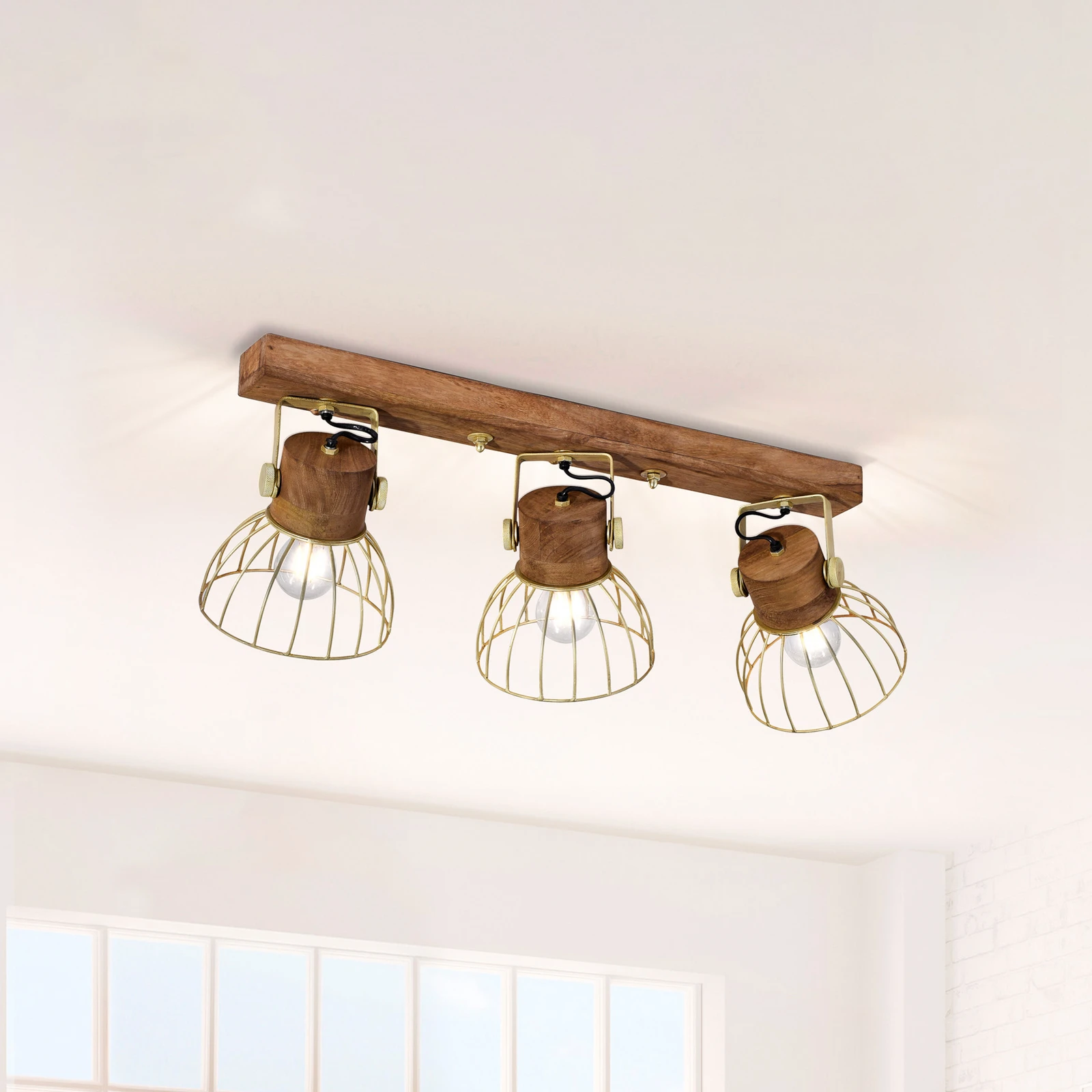Herford 3-Bulb Ceiling Light Metal And Wood Brown And Rust With Glass Shade, Swivelling And Swivelling Spotlights, 3 X GU10 Max 50 W, For LED Bulbs