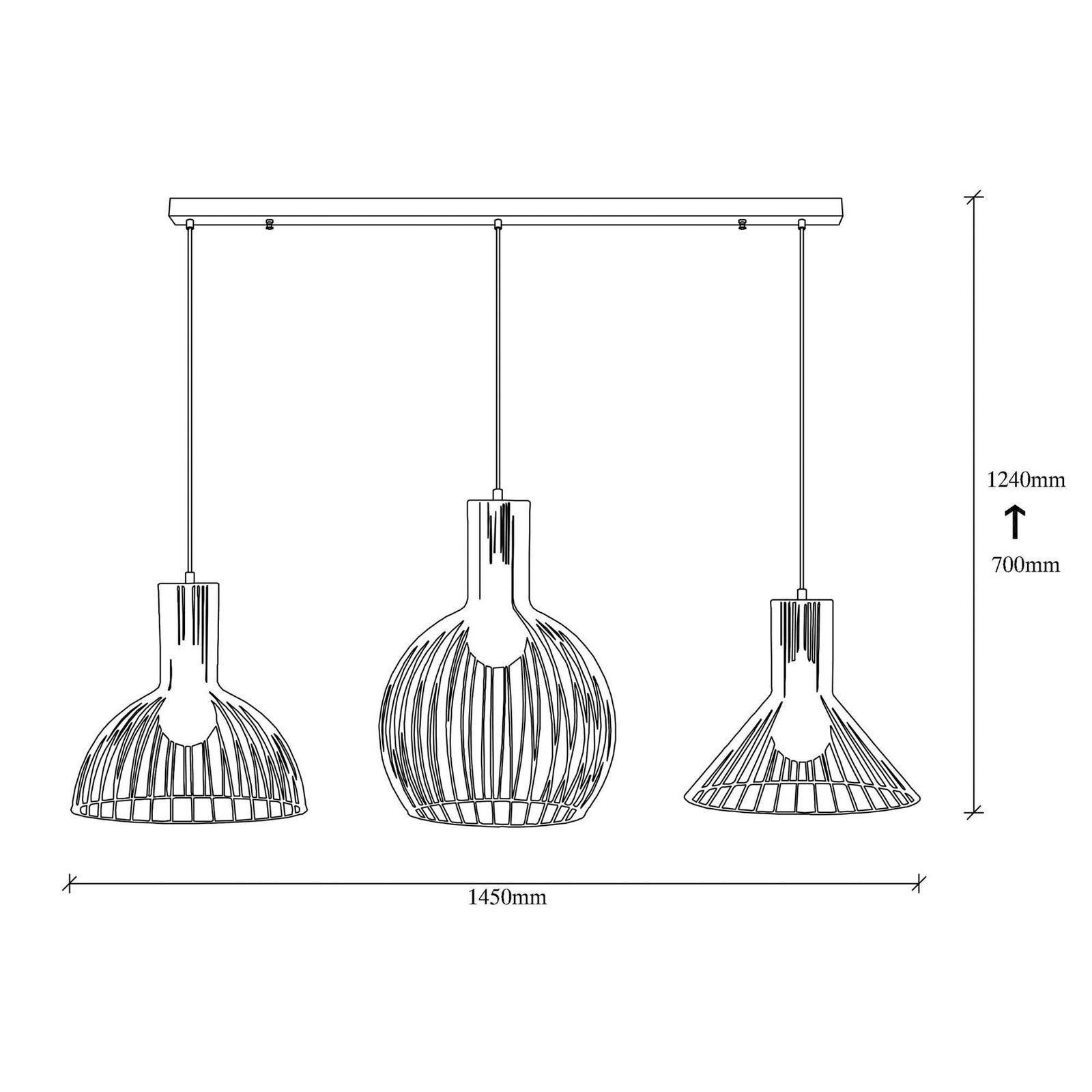 Suspension Fellini MR-768, noir, fer, 3 lampes linear