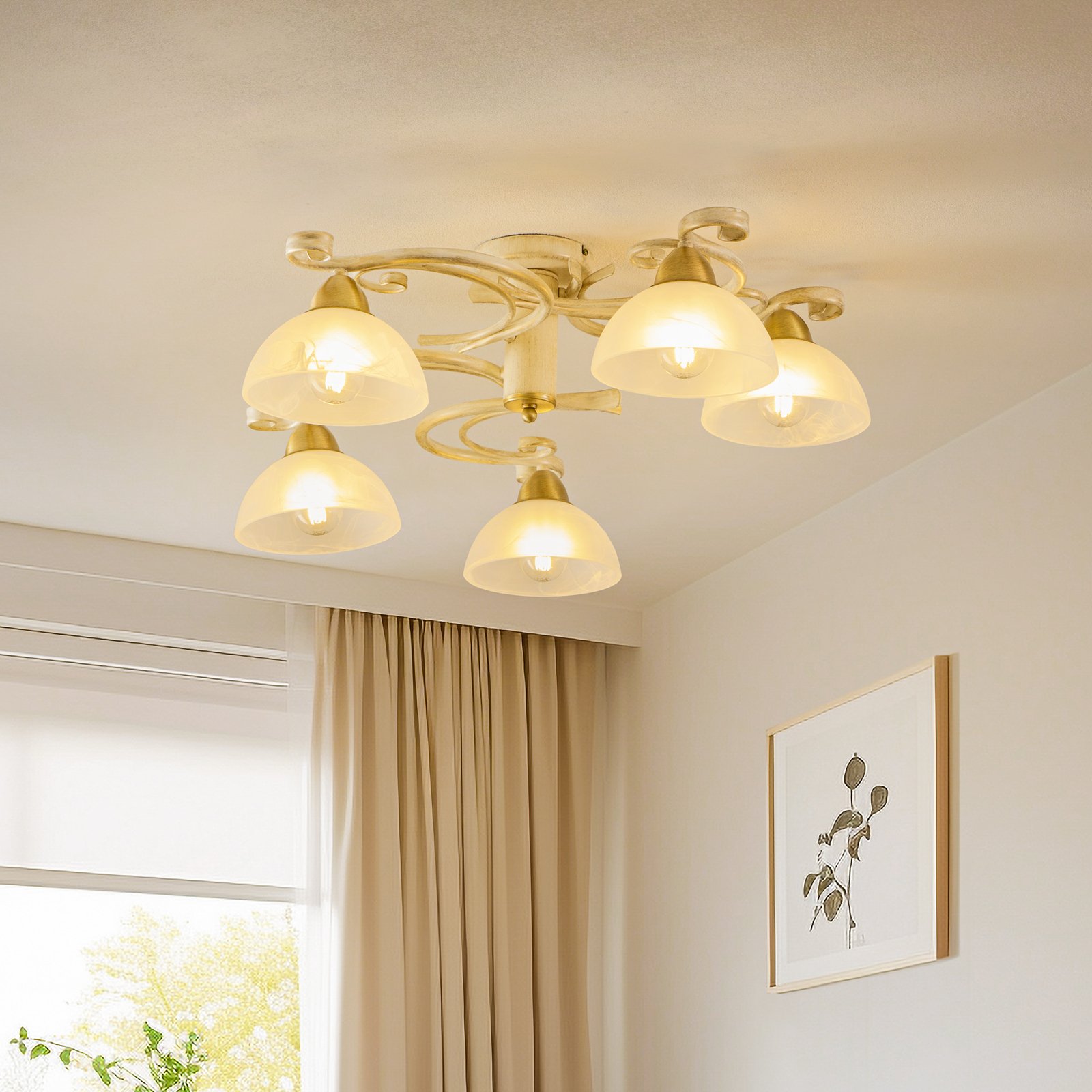 Flora ceiling lamp 5 glass lampshades, white/brass