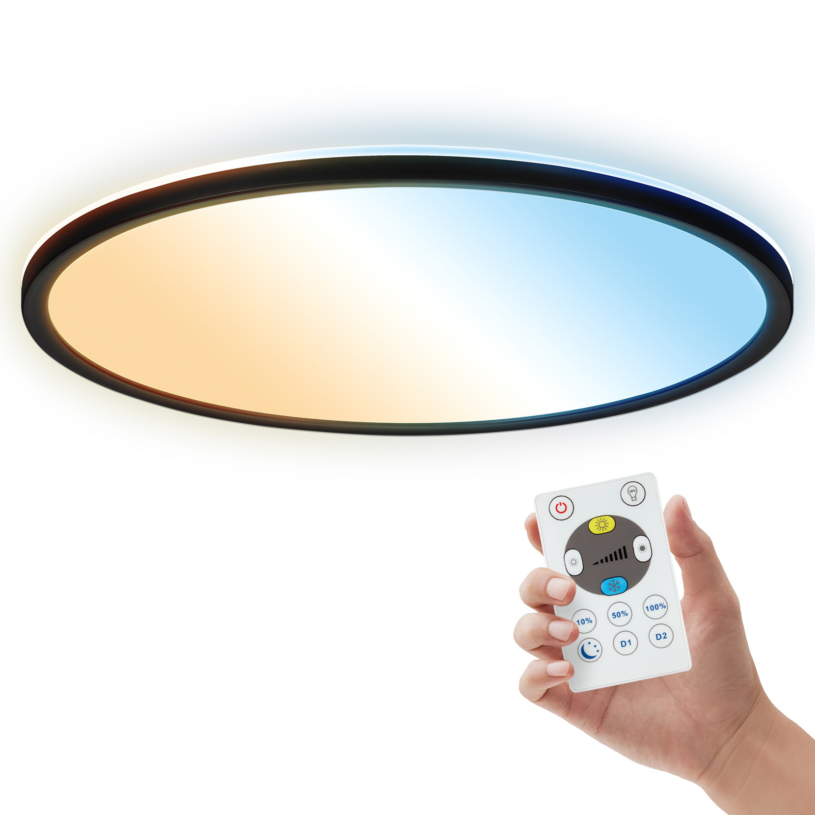 LED-kattovalaisin Shallow, musta, Ø 42 cm, IP44, muovi, CCT LED-kattovalaisin Shallow, musta, Ø 42 cm, IP44, muovi, CCT