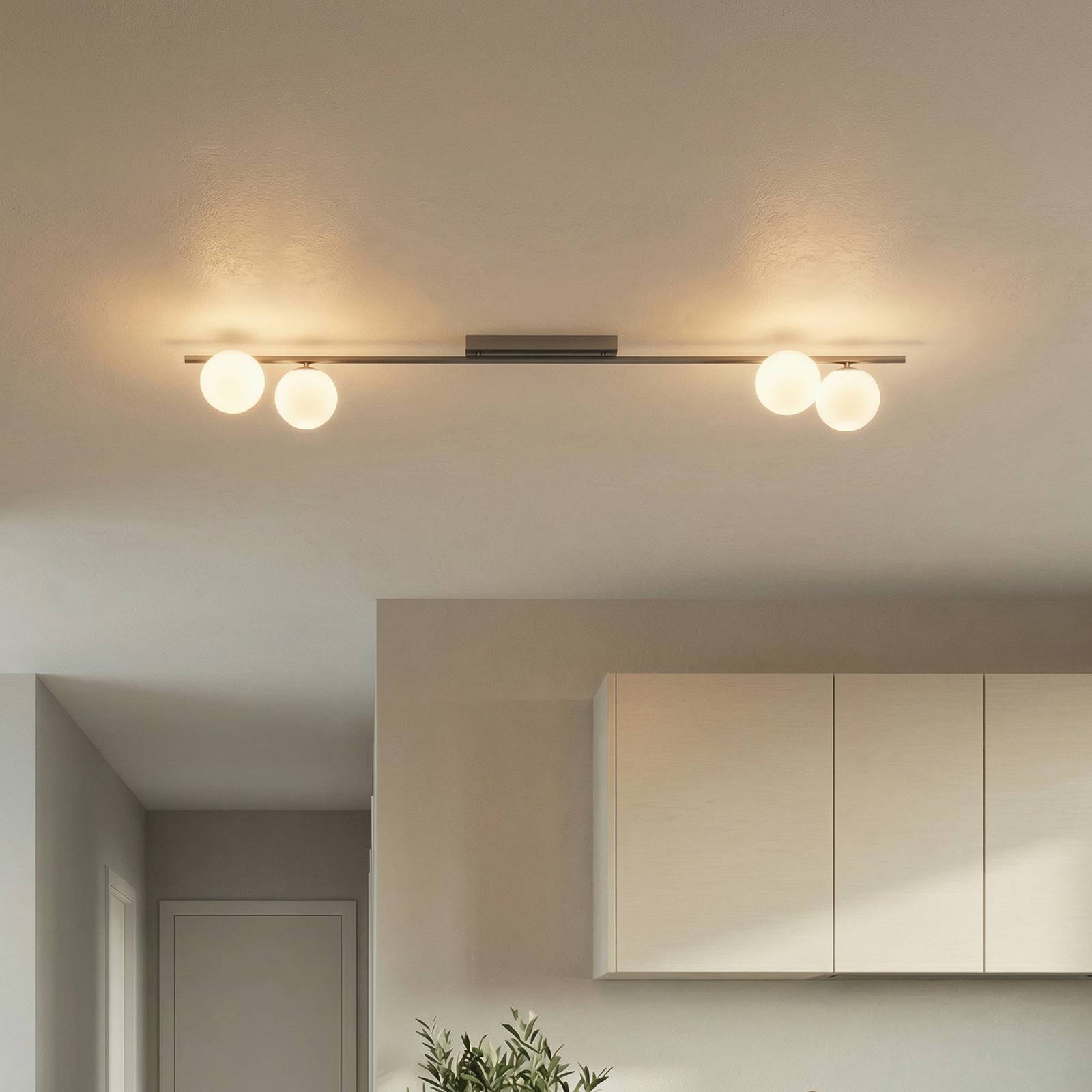 TK Lighting Plafonnier Imelo, marron, à 4 lampes, verre, longueur 140 cm