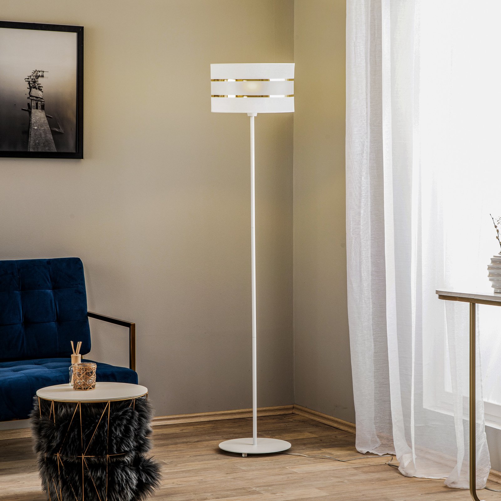 Helene floor lamp with white-gold textile shade