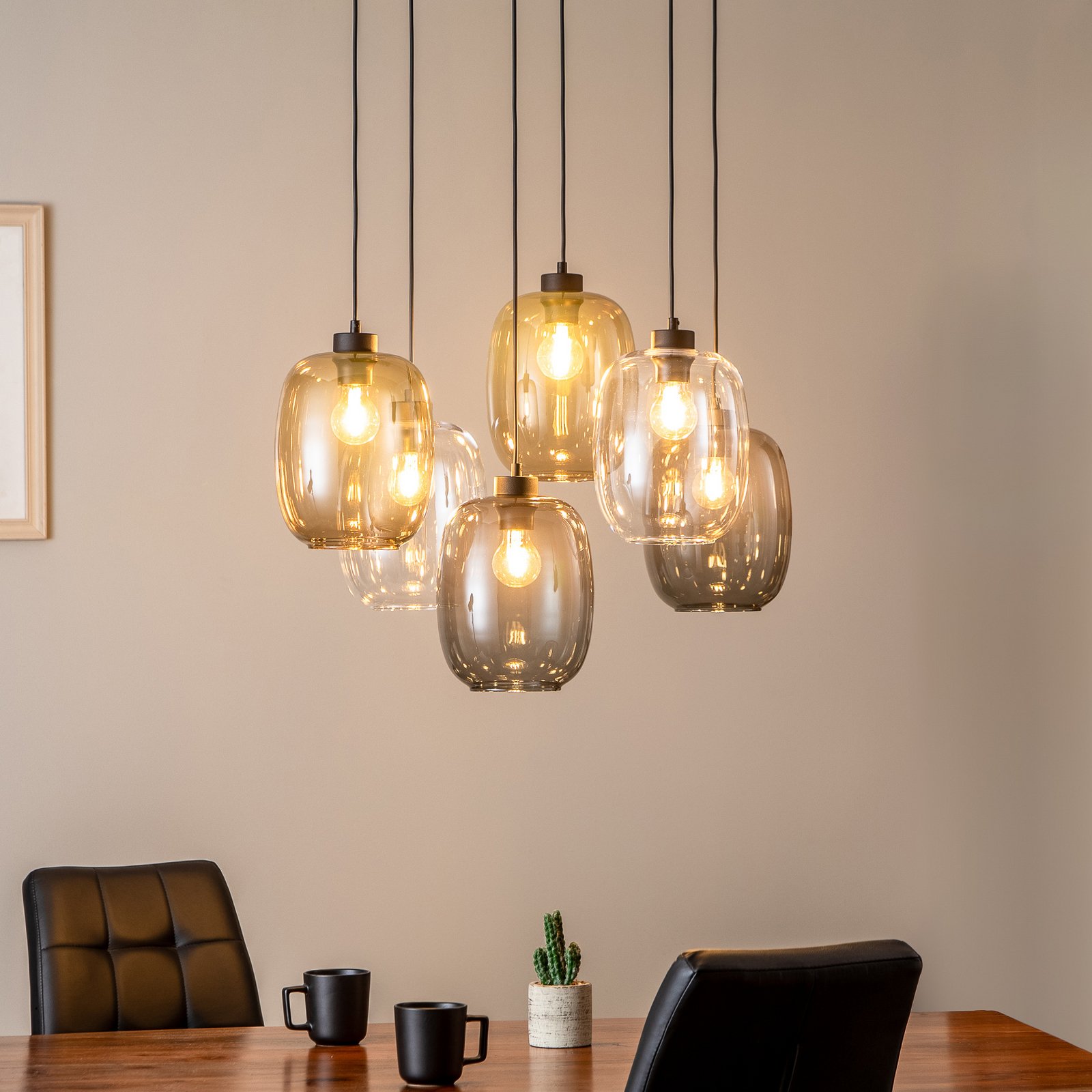 Elio pendant light, glass, brown/clear/grey, 6-bulb rectangular