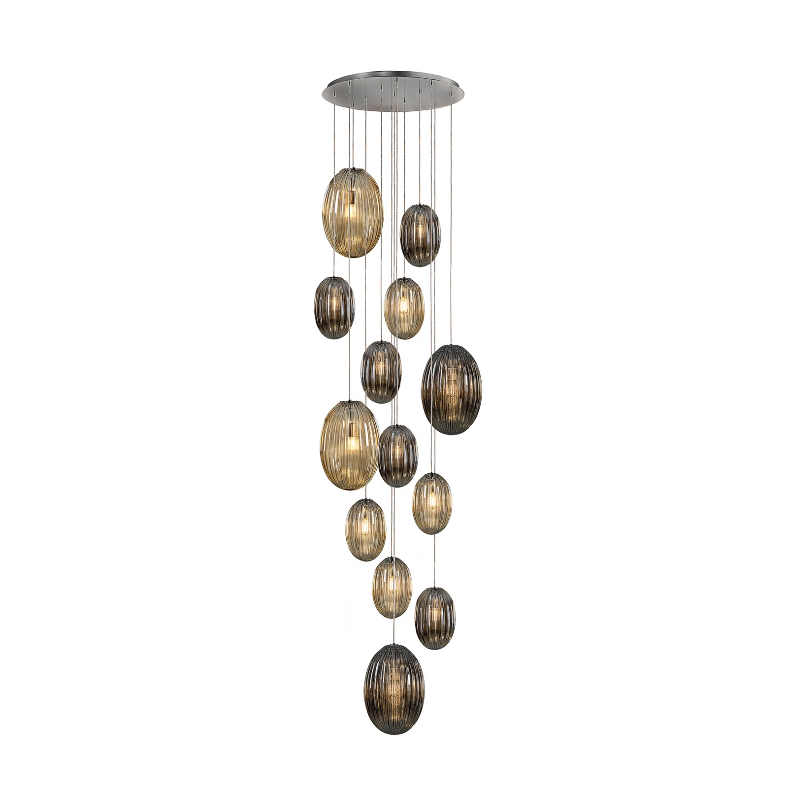 Ovila pendant light, 13 lights, smoke grey/cognac, glass, E27