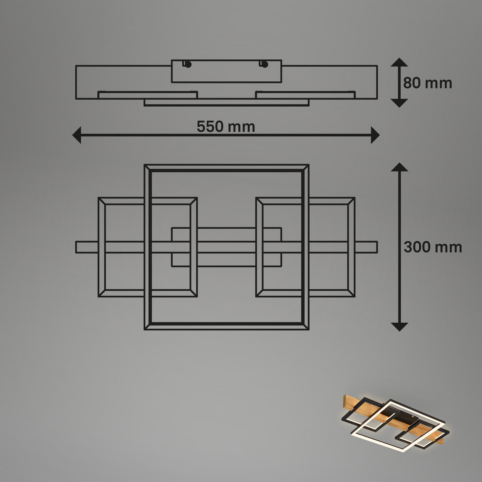 LED-Deckenleuchte Cadre, 3000K, 55cm, schwarz, Holz