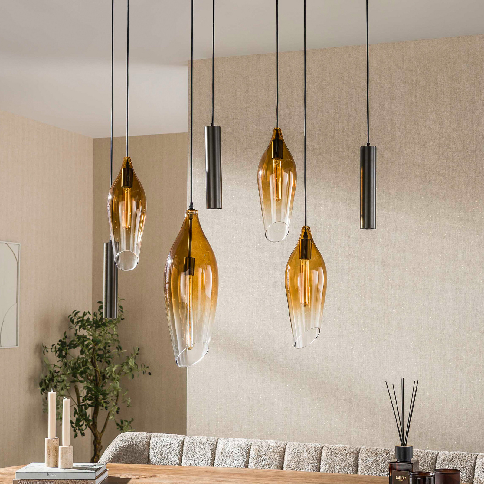 Pendelleuchte Cocoon, amber, Glas, 7-flg., E27, GU10 Pendelleuchte Cocoon, amber, Glas, 7-flg., E27, GU10